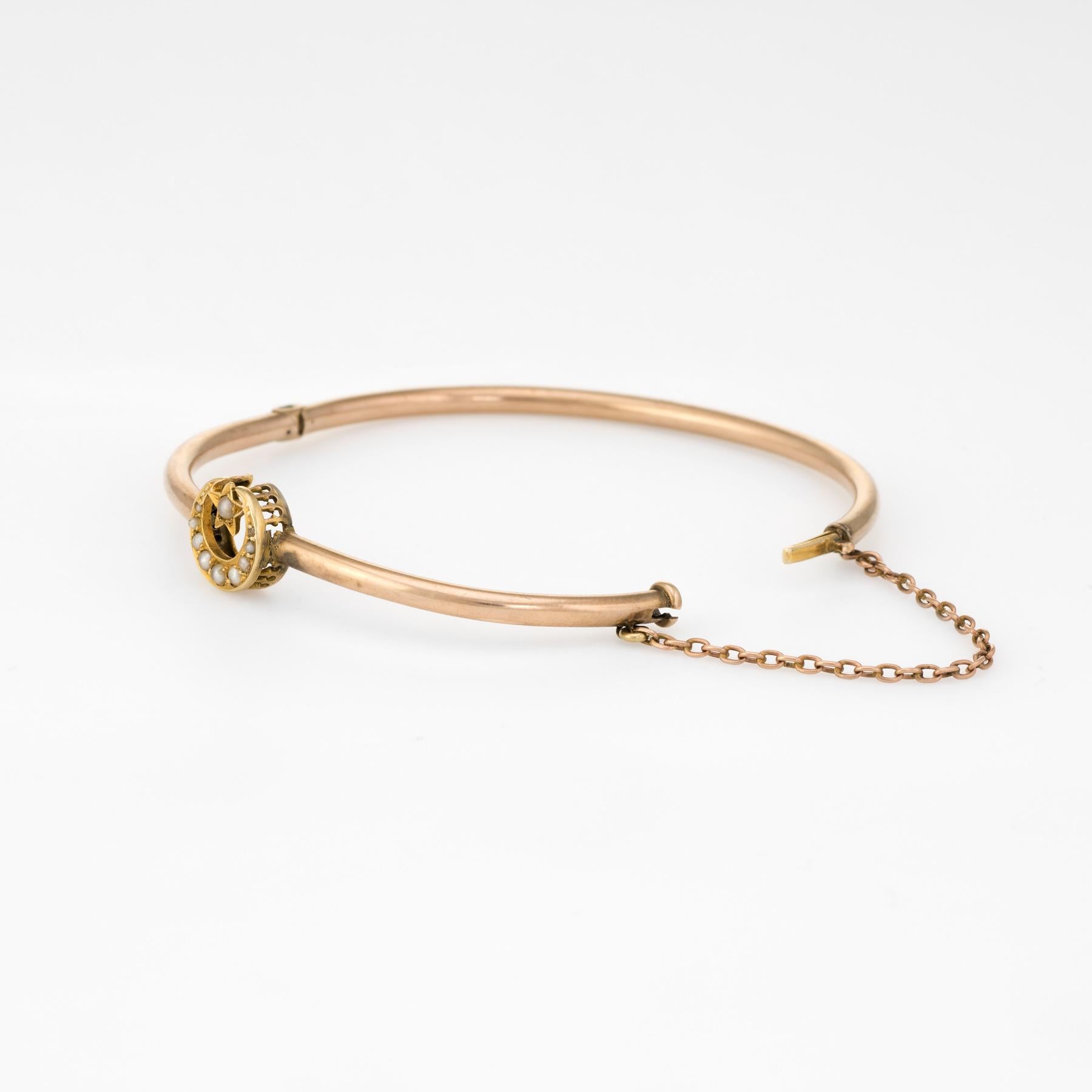 Finely detailed antique Victorian (circa 1880s to 1900s) bangle bracelet, crafted in 10k rose gold. 

The crescent moon is a feminine symbol, representing the rhythm of time. The moon also symbolizes change as it turns to a full moon and back, much