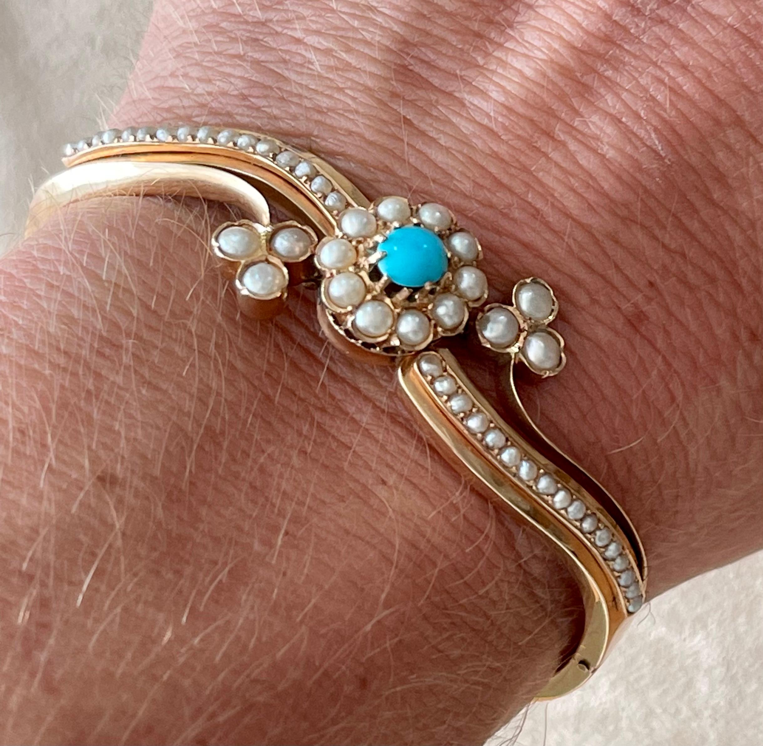 Antique Victorian Bangle Turquoise Pearls For Sale 4