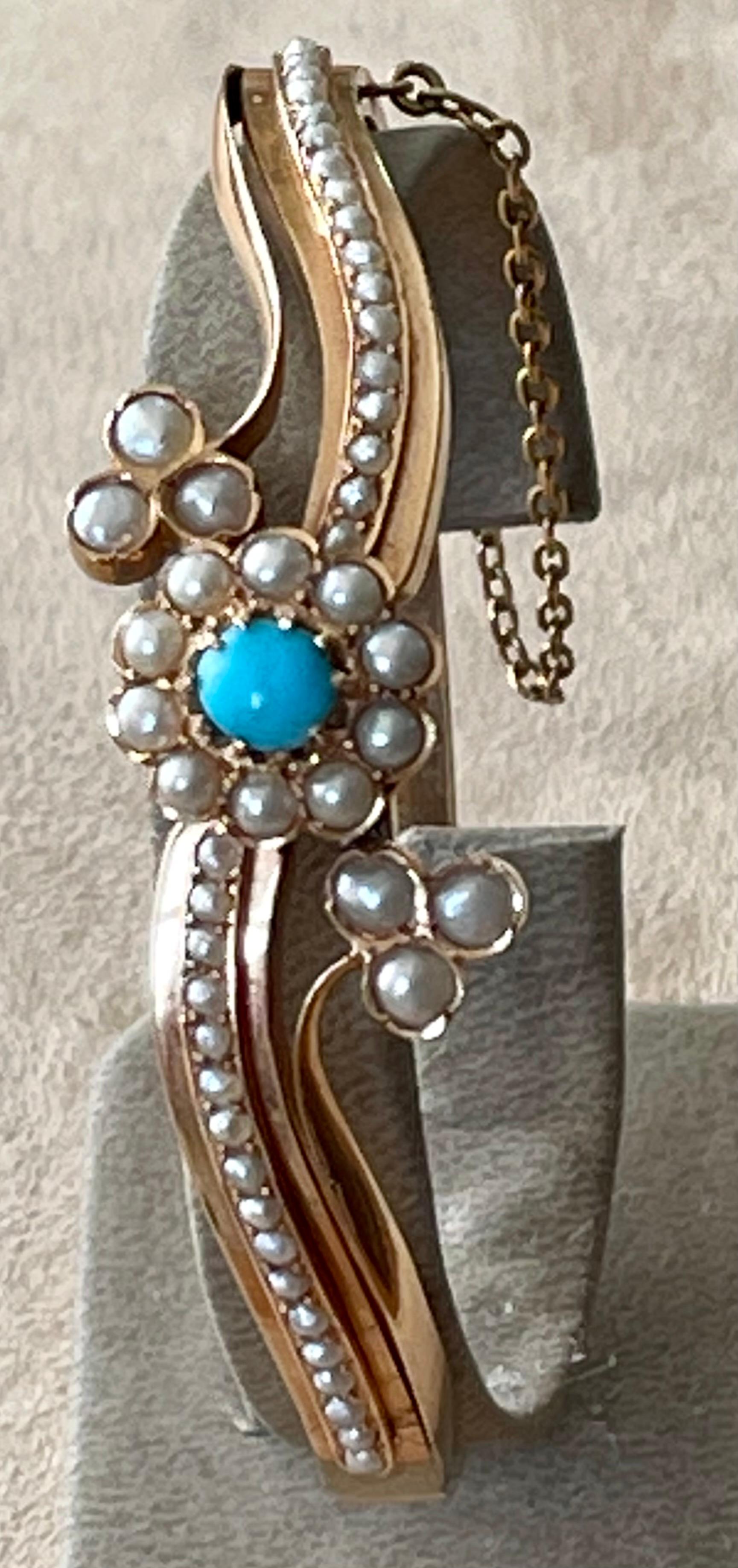 Antique Victorian Bangle Turquoise Pearls For Sale 7