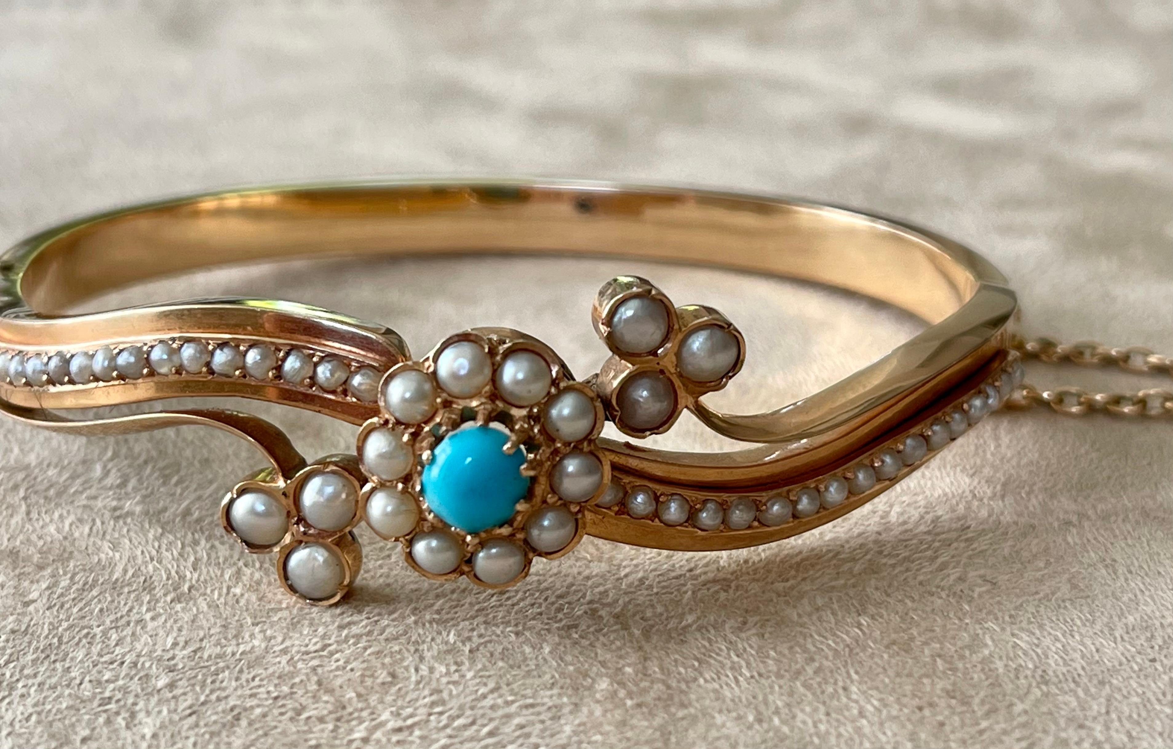 If the Victorian style makes your heart tremble, consider this Antique  Victorian Bangle Bracelet in 14 K rose Gold featuring a natural Turquoise and seedpearls. 
The bangle secures with an integrated push fit catch to one side and benefits from the