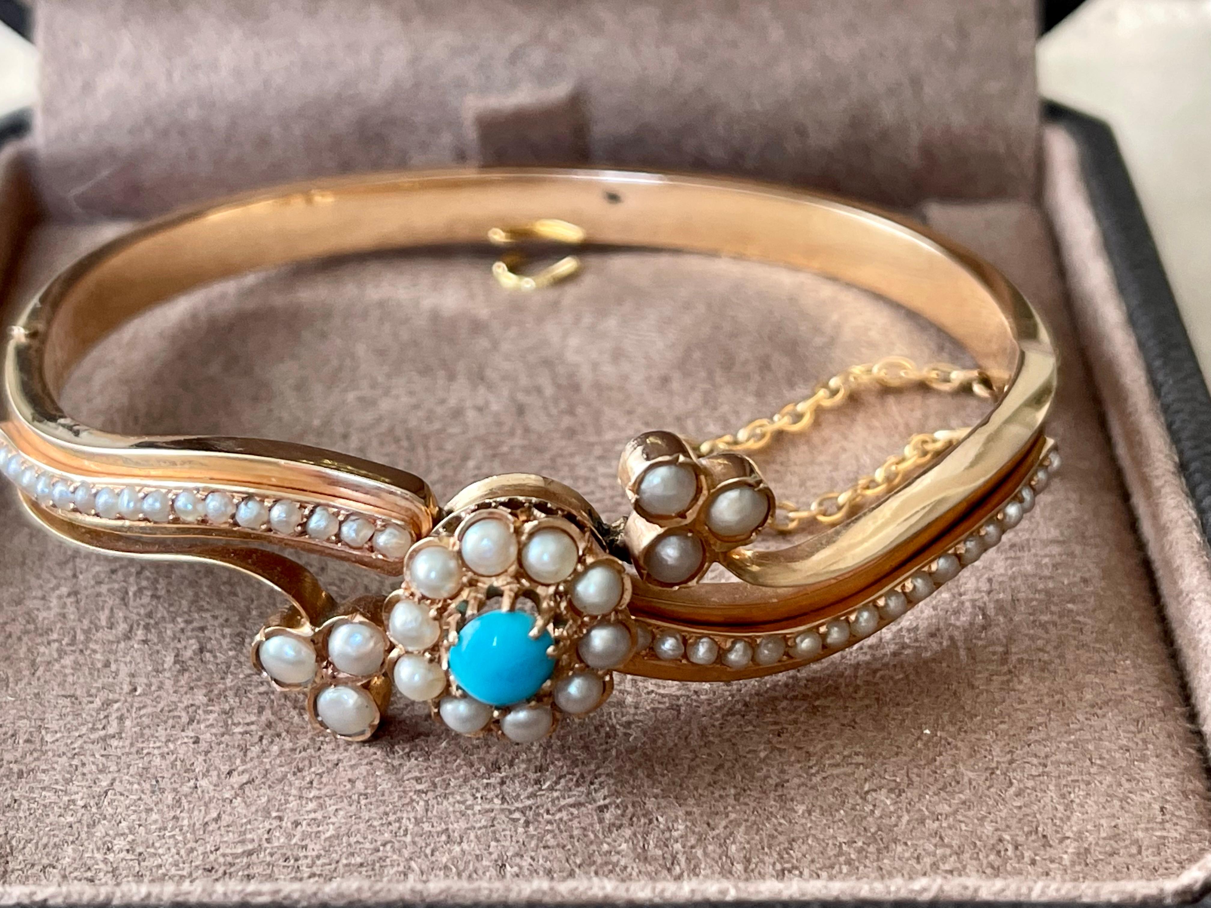 Late Victorian Antique Victorian Bangle Turquoise Pearls For Sale