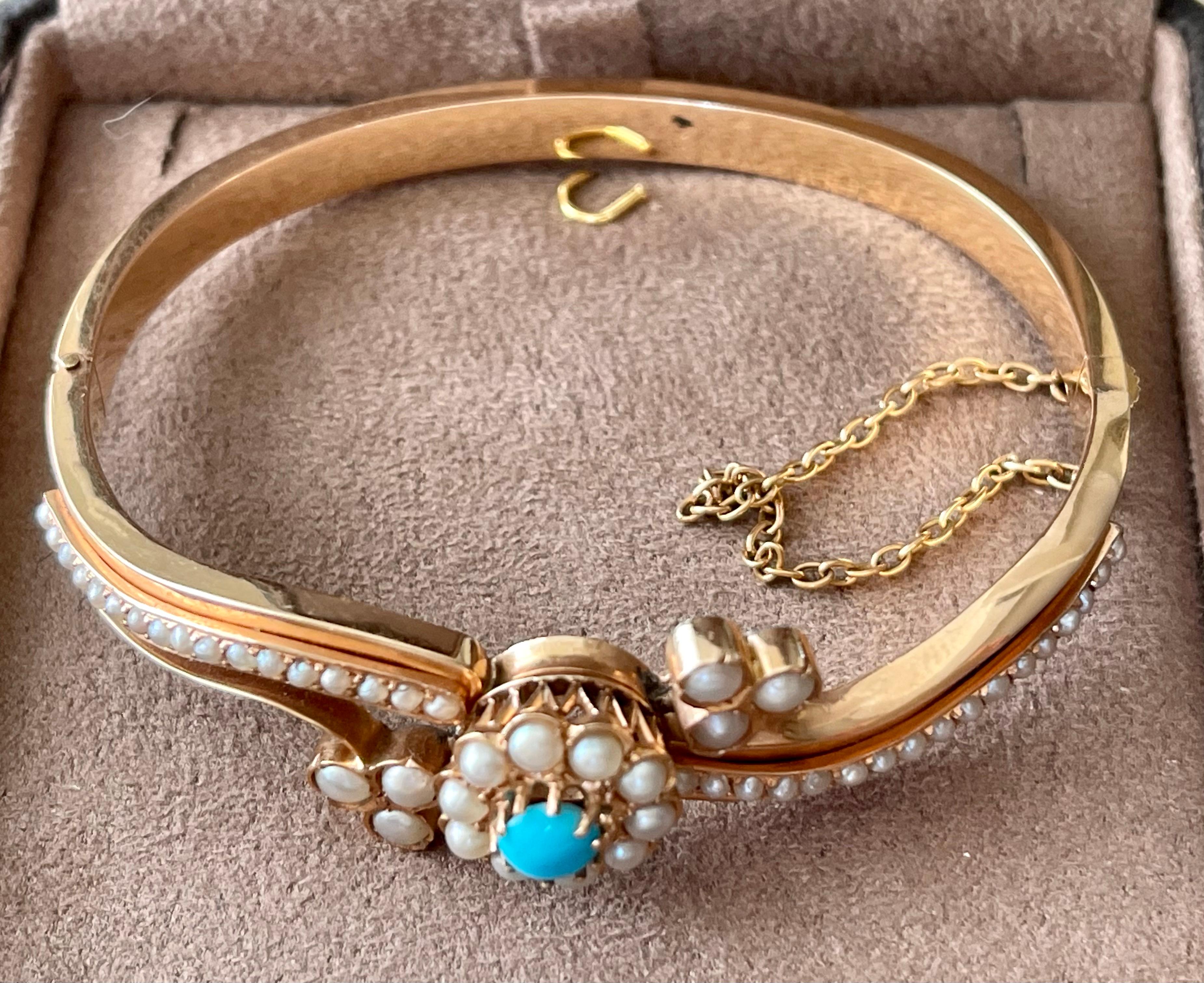 Cabochon Antique Victorian Bangle Turquoise Pearls For Sale