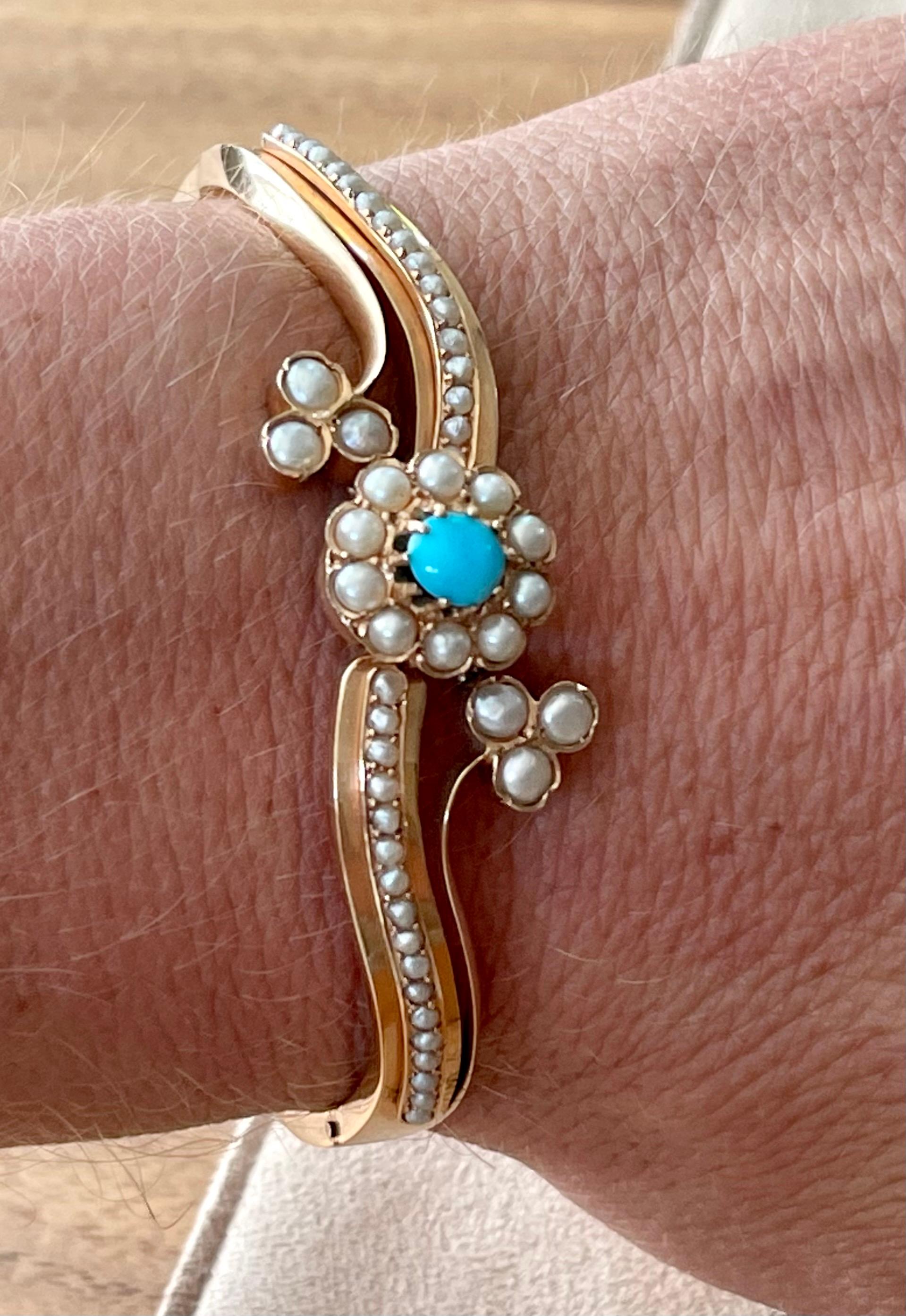 Bracelet jonc victorien ancien en perles turquoises Unisexe en vente