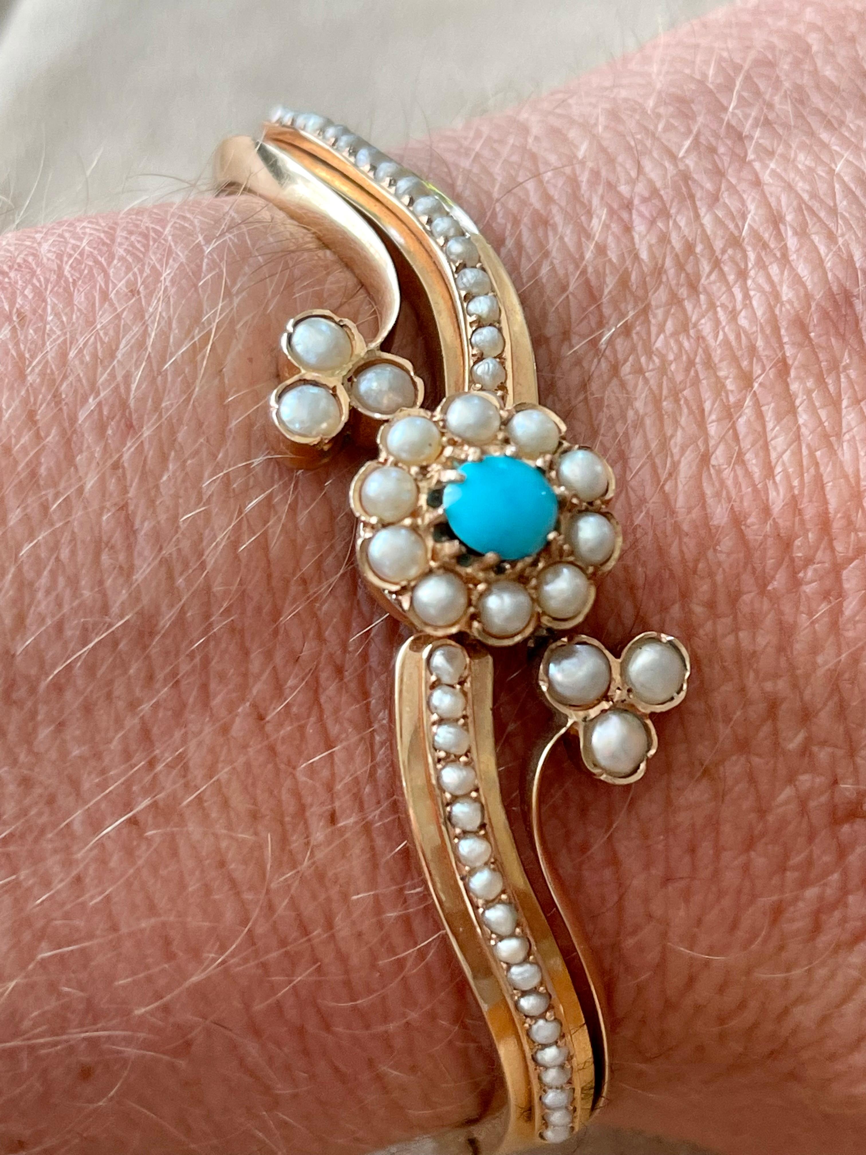 Bracelet jonc victorien ancien en perles turquoises en vente 2