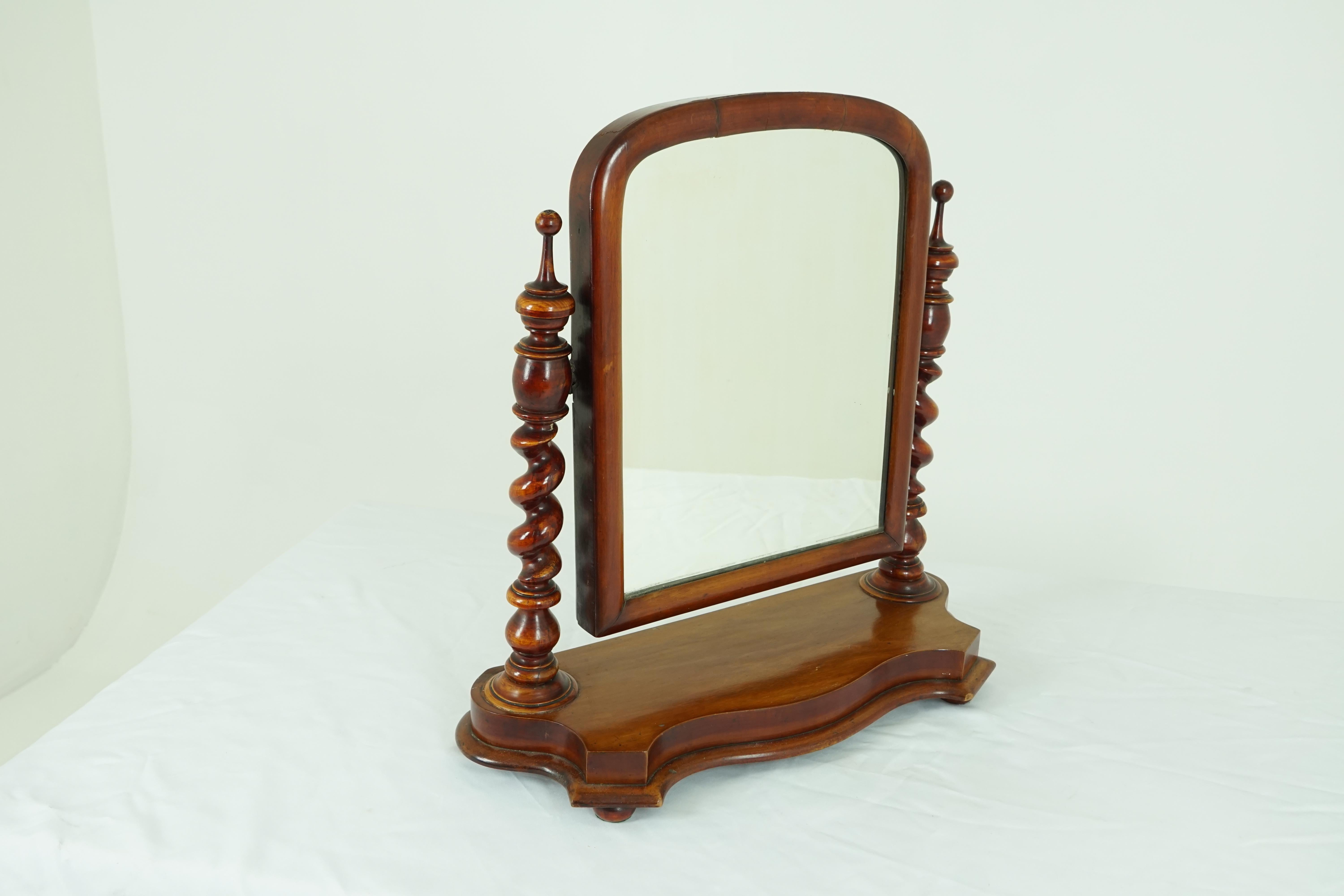 Antique Victorian Barley twist walnut dressing table mirror on stand, Antique Furniture, Scotland, 1880 1731

Scotland 1880
Solid walnut
Original domed top mirror supported by a pair of barley twist supports
Set on a serpentine shaped base and
