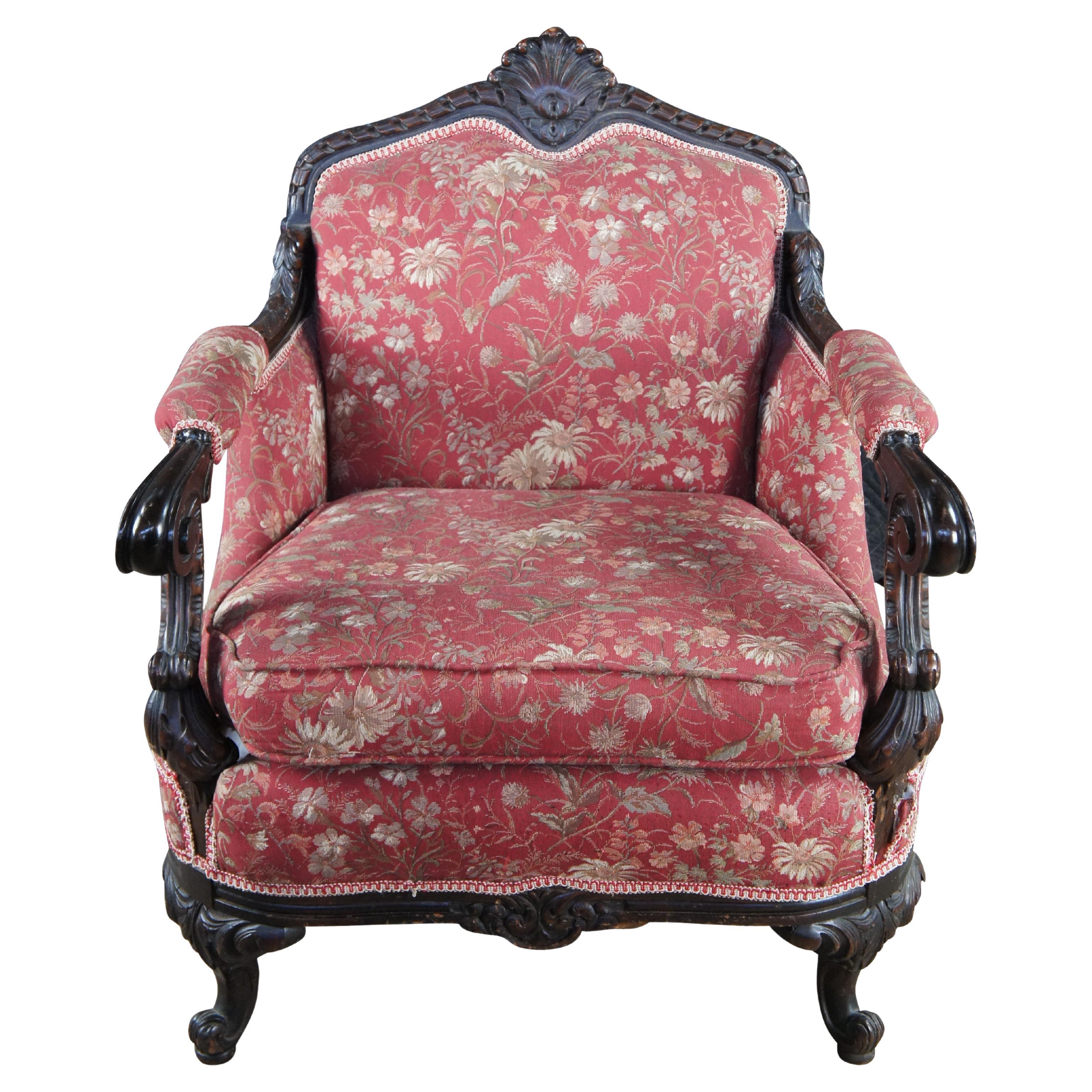 Antique Victorian Baroque Rococo Style Carved Mahogany Fauteuil Parlor Armchair