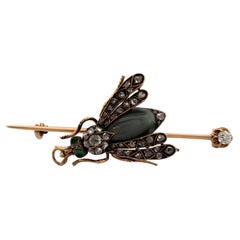 Antique Victorian Bee Brooch 14K Gold & Silver Diamond Emerald Cats Eye Quartz