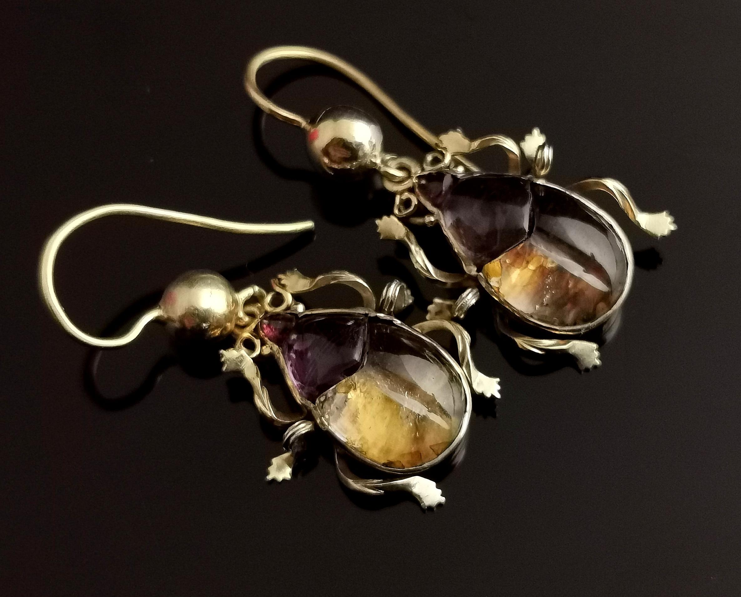 Antique Victorian Beetle Earrings, 9k Gold, Egyptian Revival 5