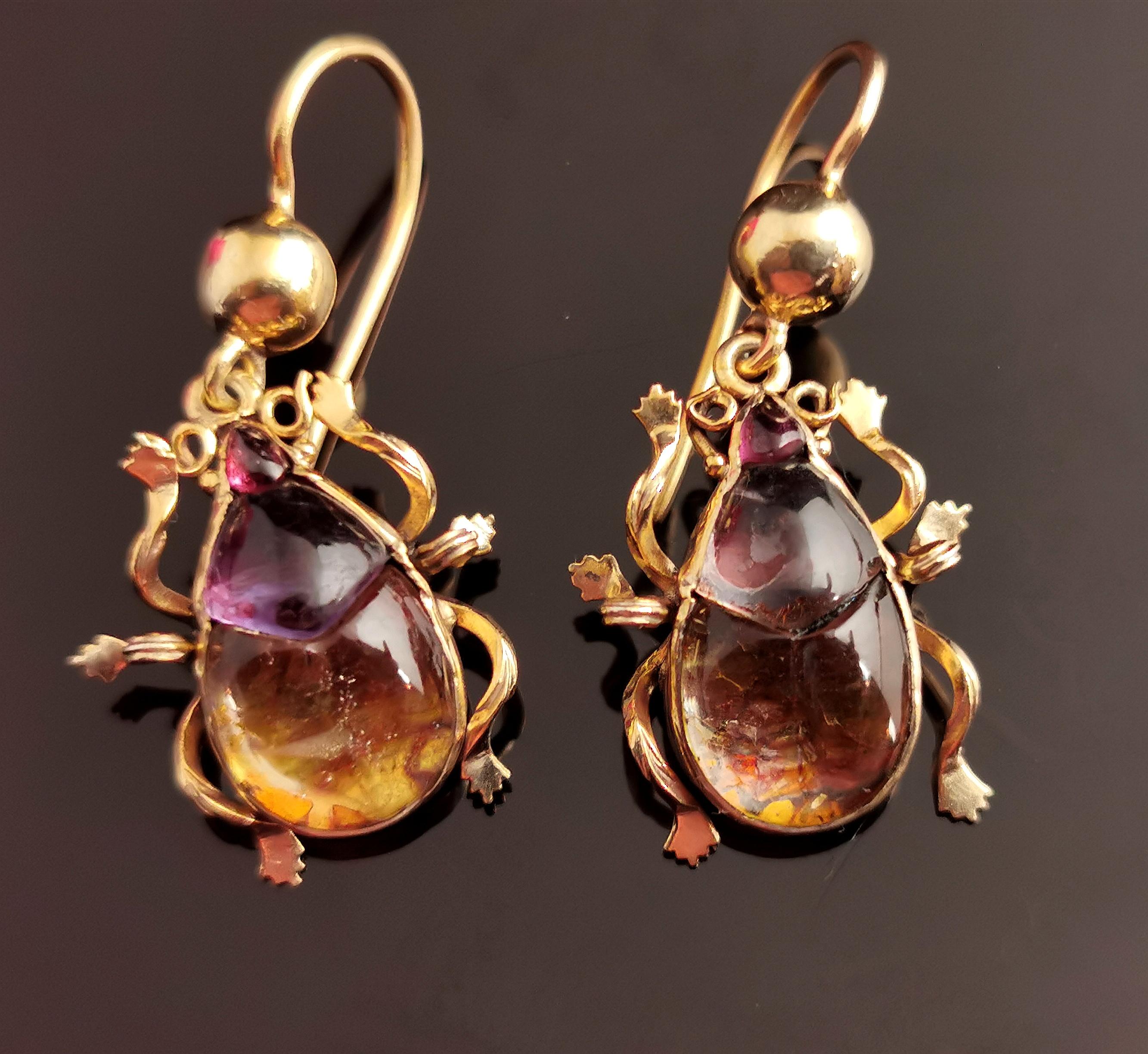 Antique Victorian Beetle Earrings, 9k Gold, Egyptian Revival 3