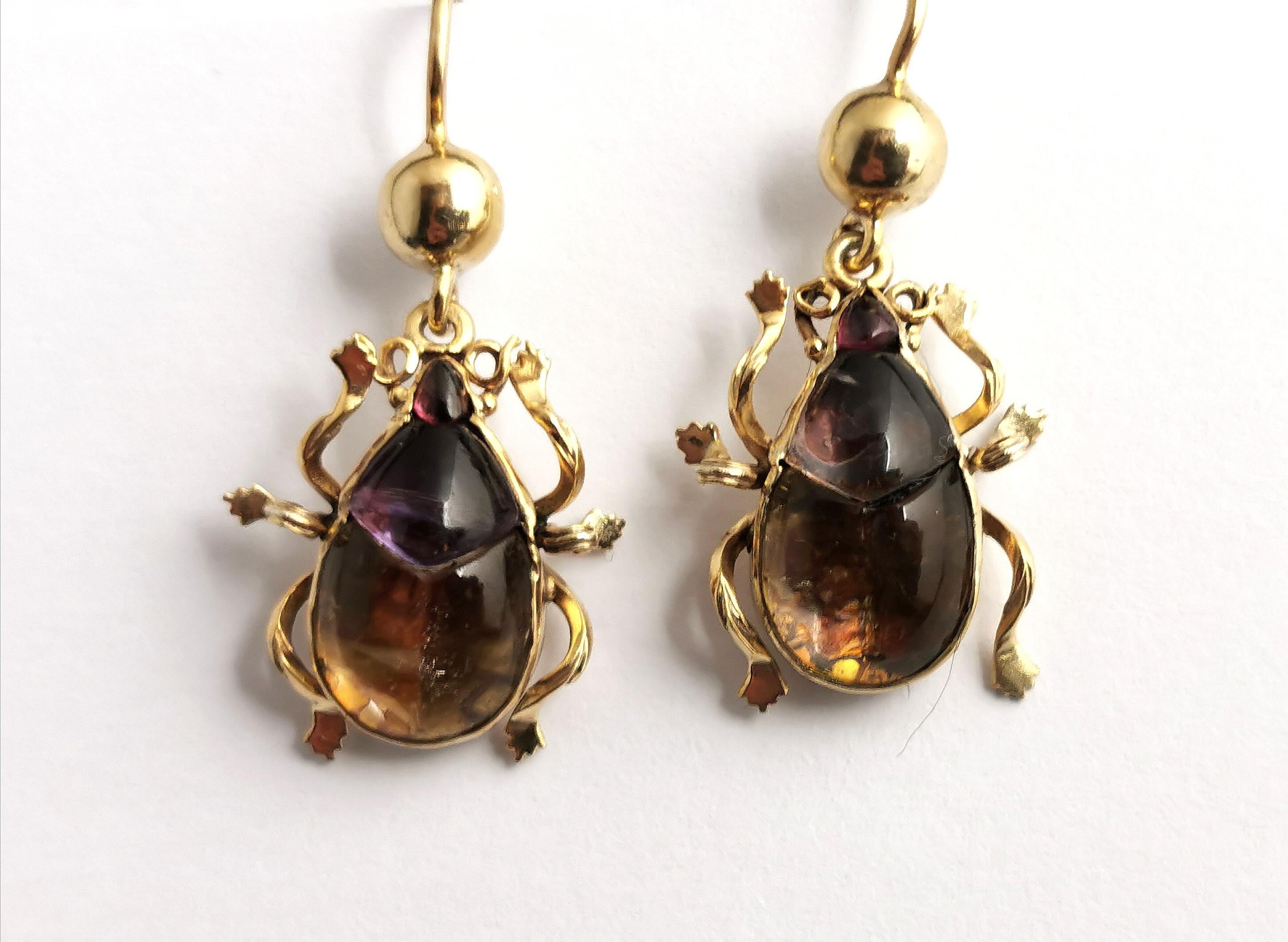 Antique Victorian Beetle Earrings, 9k Gold, Egyptian Revival 4