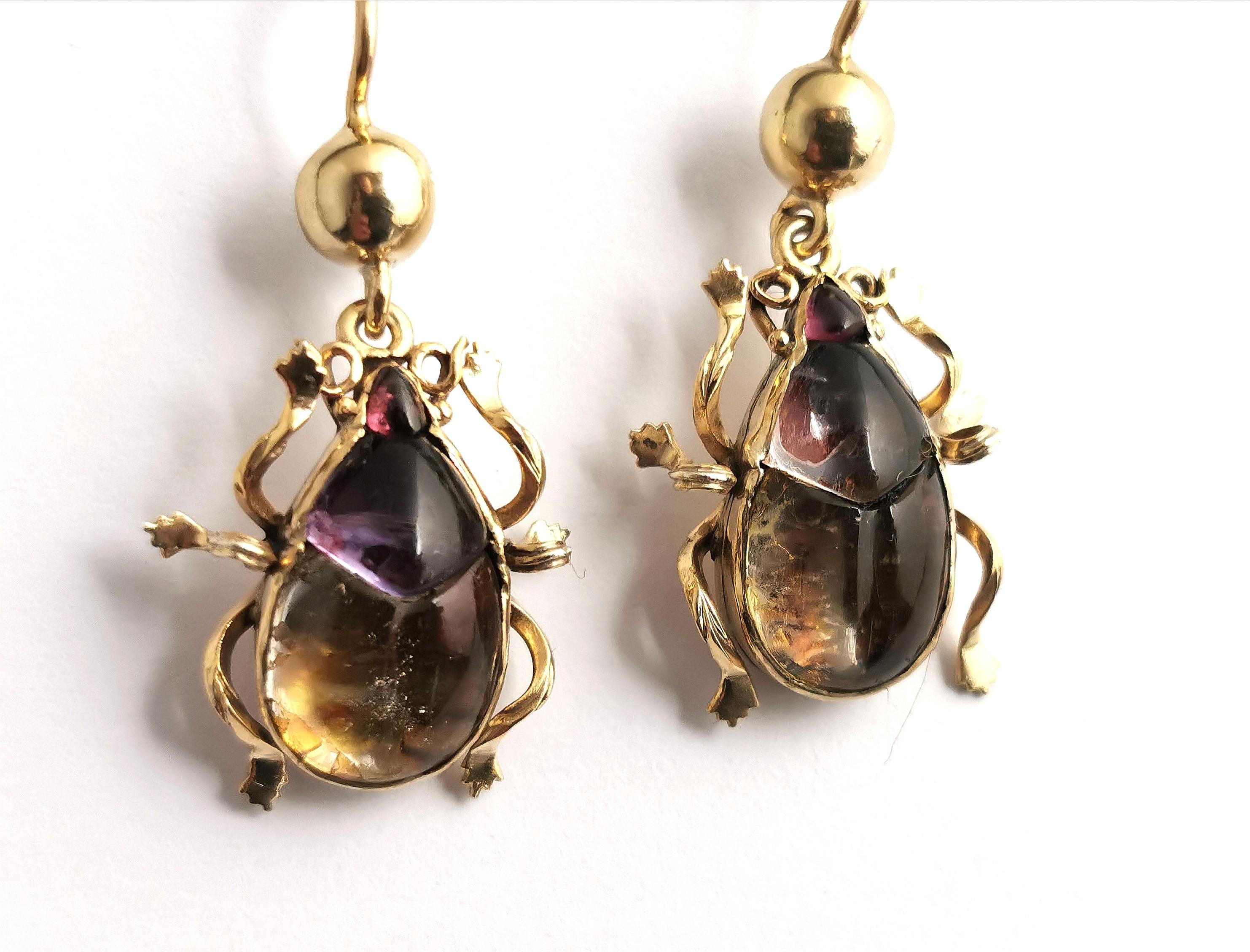 Antique Victorian Beetle Earrings, 9k Gold, Egyptian Revival 5