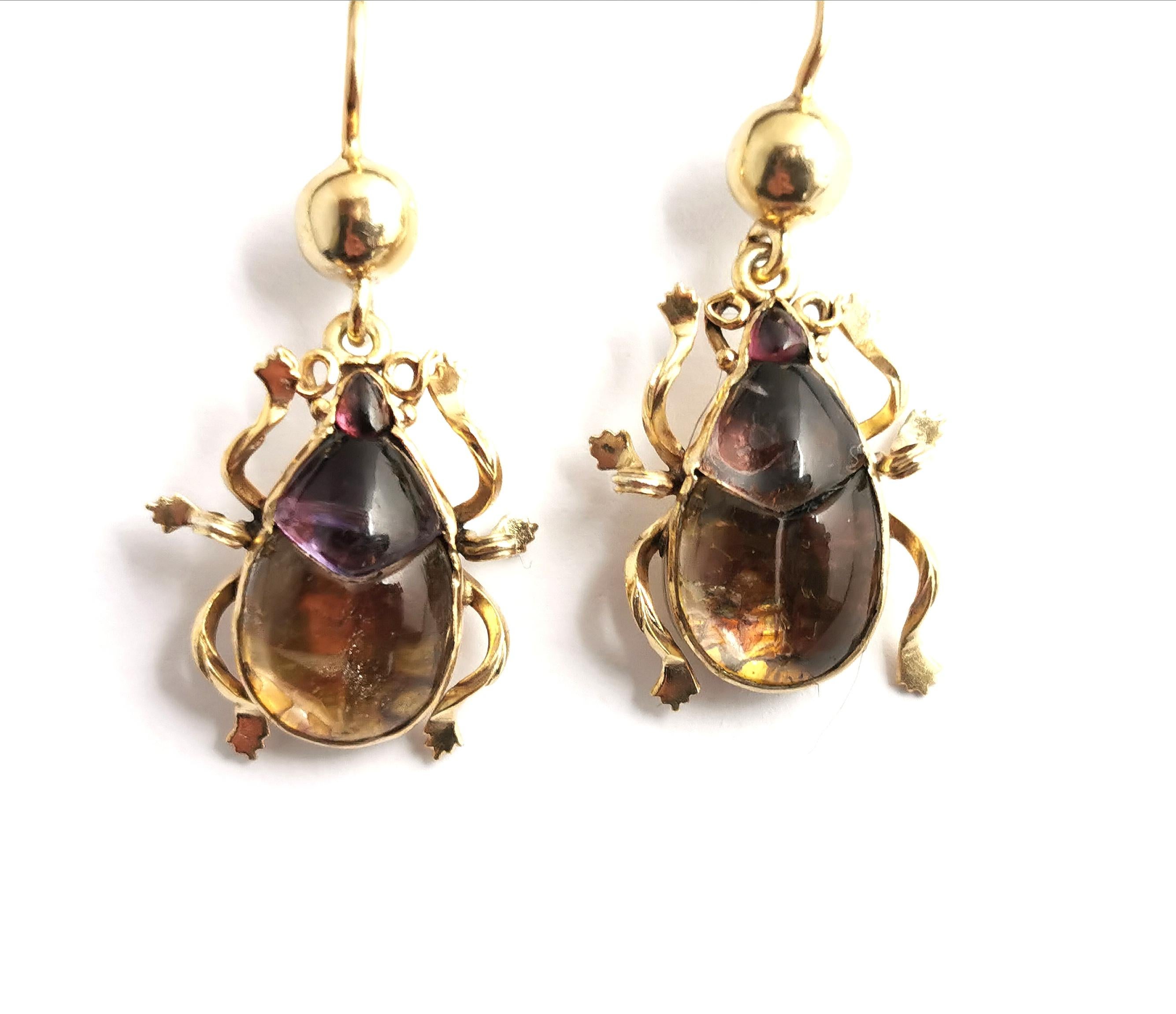 Antique Victorian Beetle Earrings, 9k Gold, Egyptian Revival 6