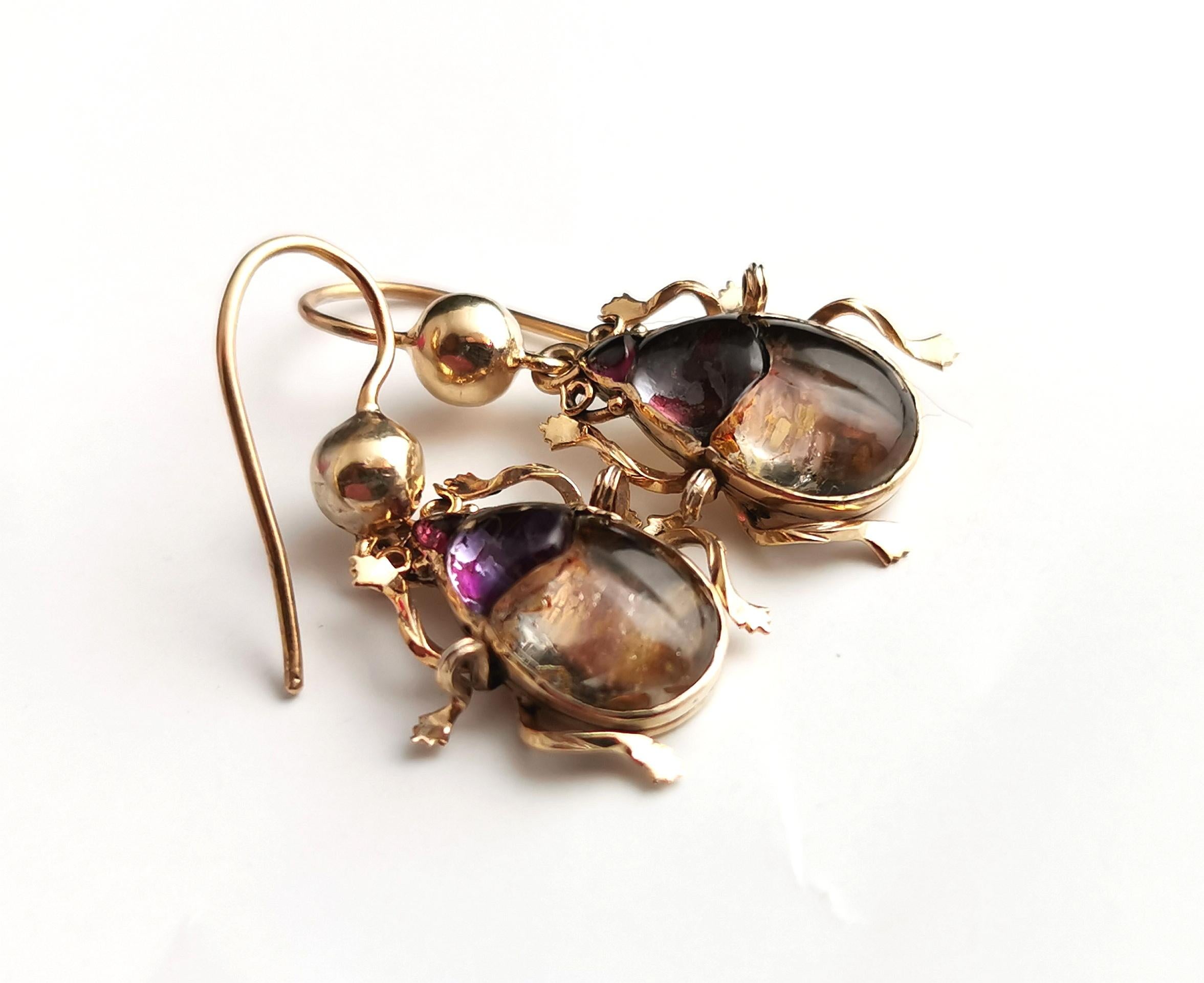Antique Victorian Beetle Earrings, 9k Gold, Egyptian Revival 10