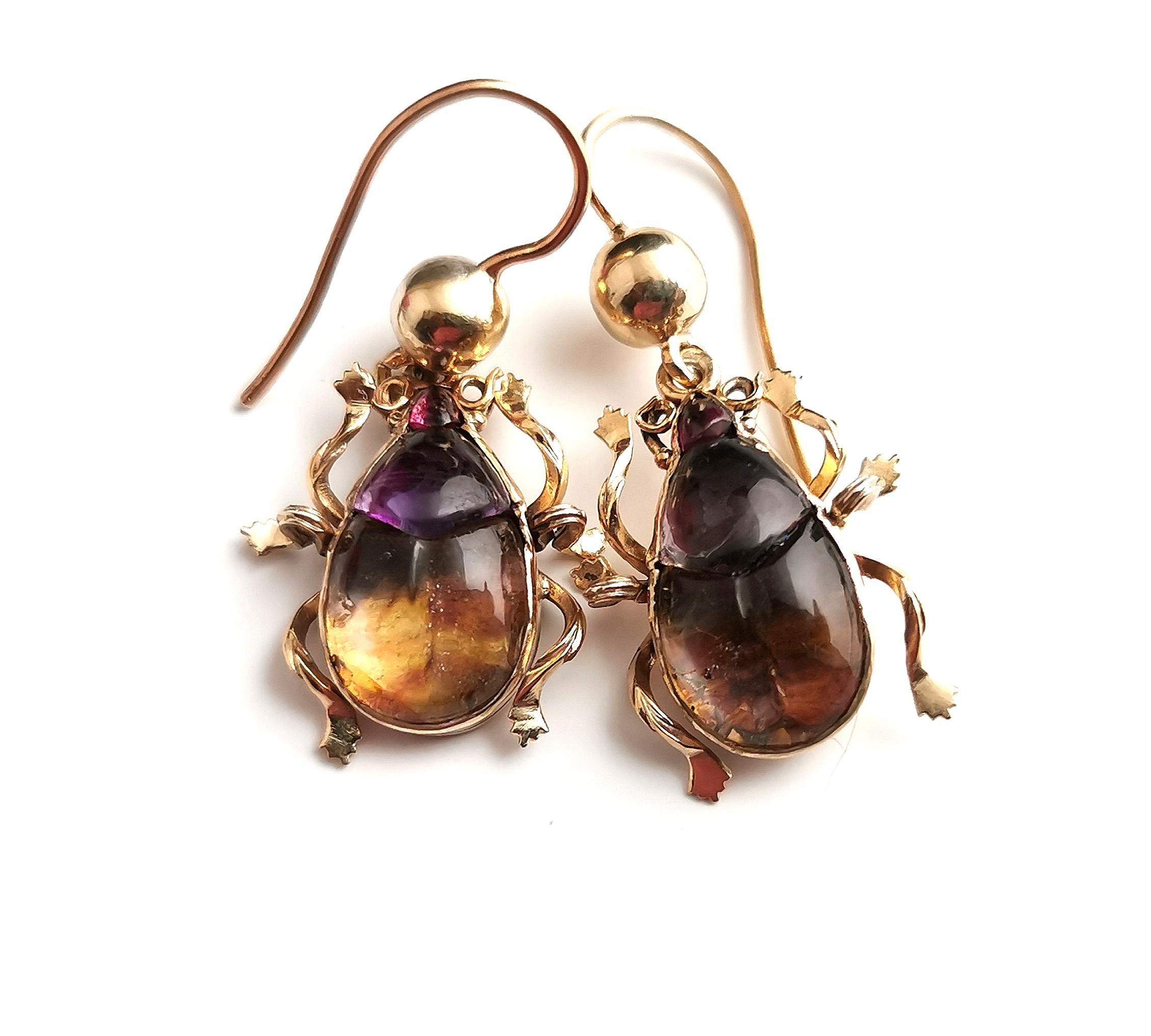 Antique Victorian Beetle Earrings, 9k Gold, Egyptian Revival 11