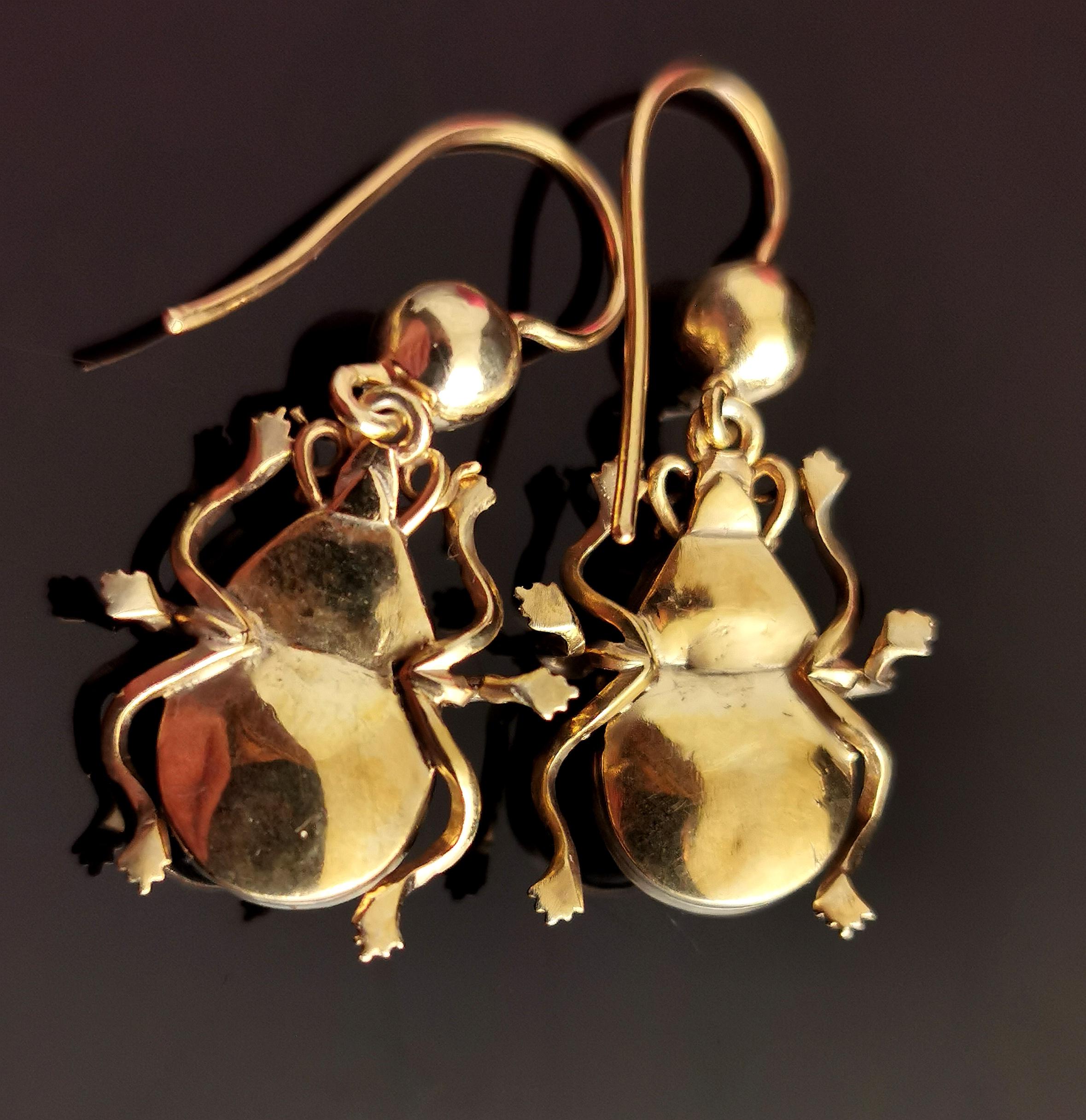Women's or Men's Antique Victorian Beetle Earrings, 9k Gold, Egyptian Revival