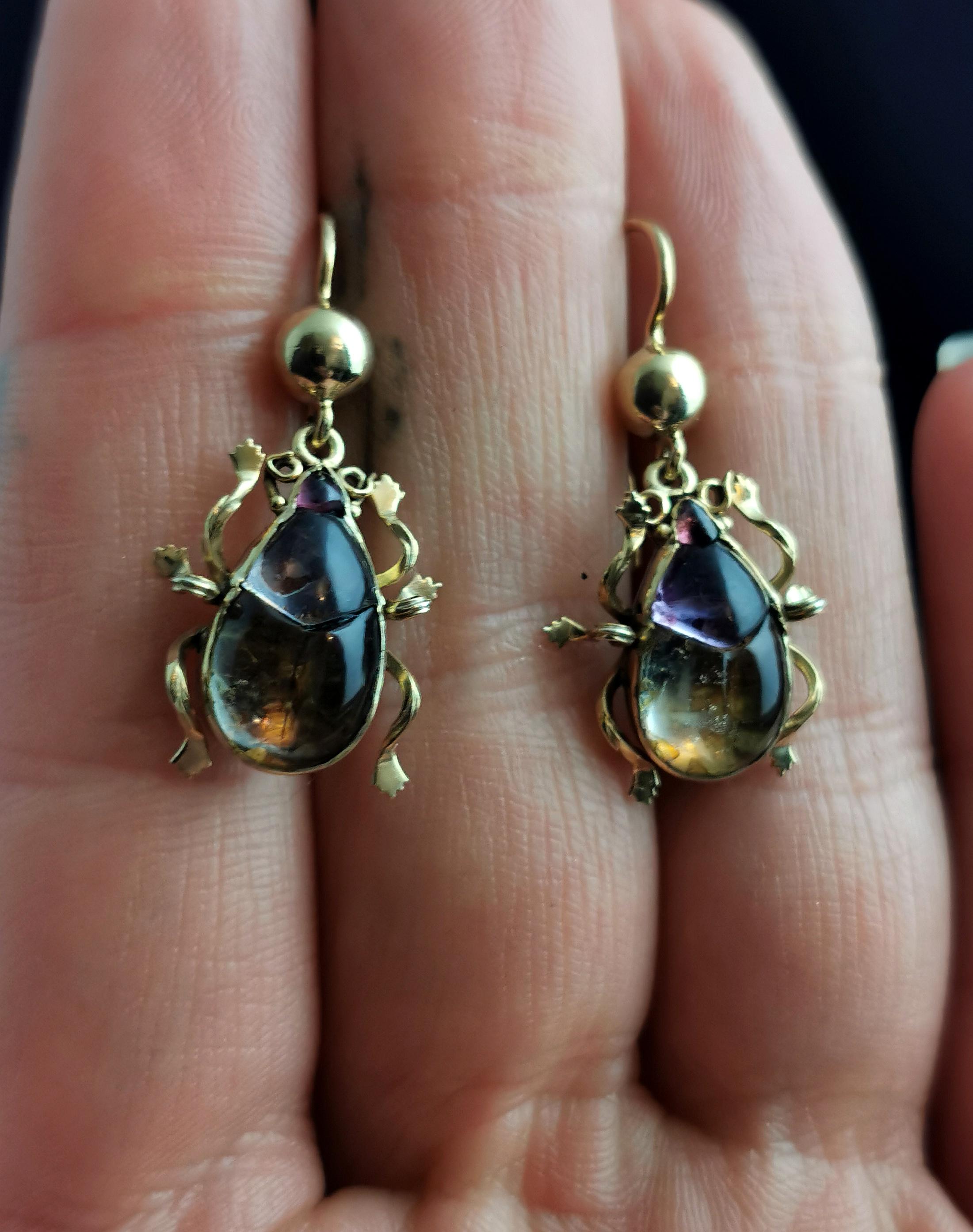 Cabochon Antique Victorian Beetle Earrings, 9k Gold, Egyptian Revival