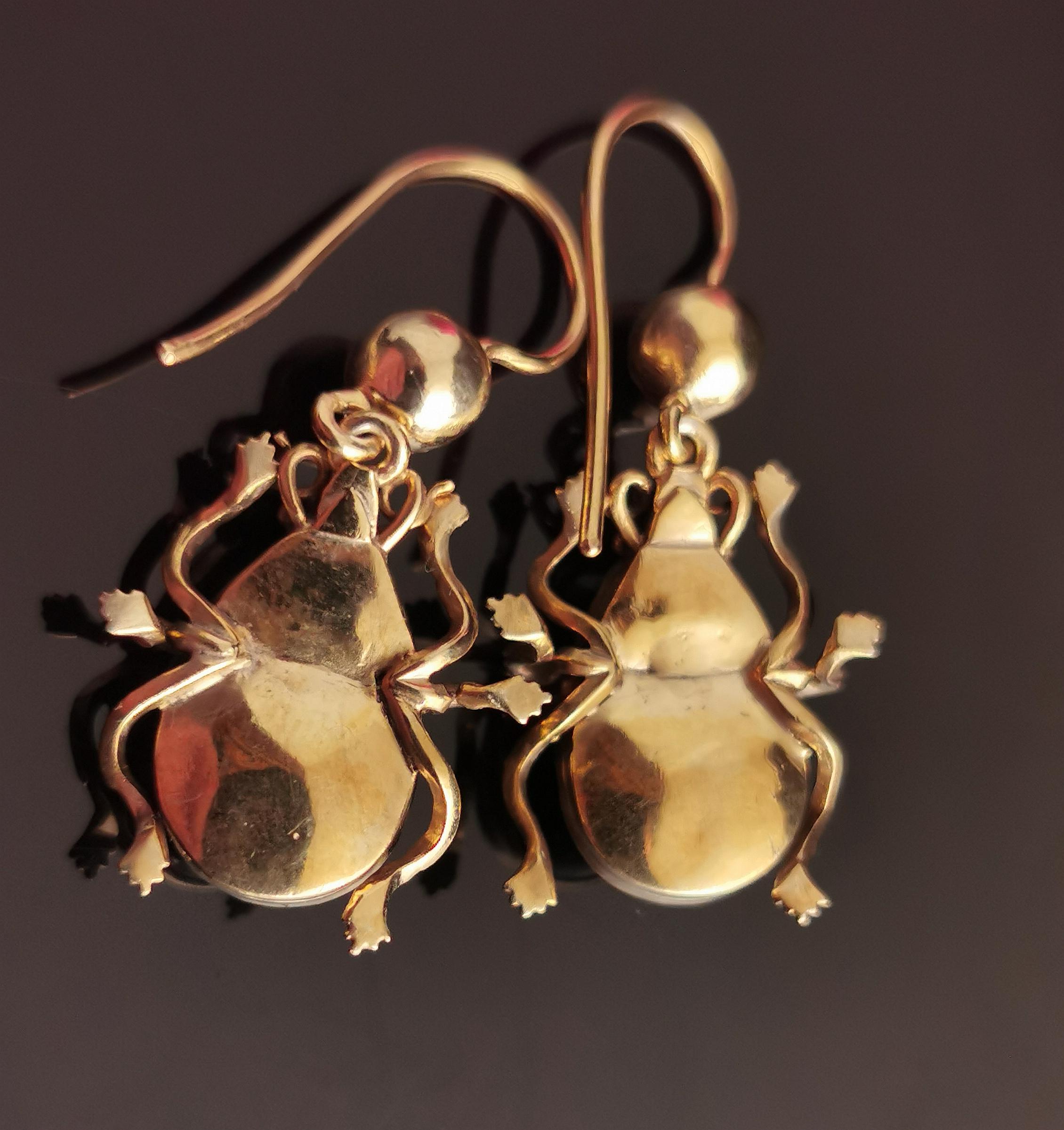 Antique Victorian Beetle Earrings, 9k Gold, Egyptian Revival 2