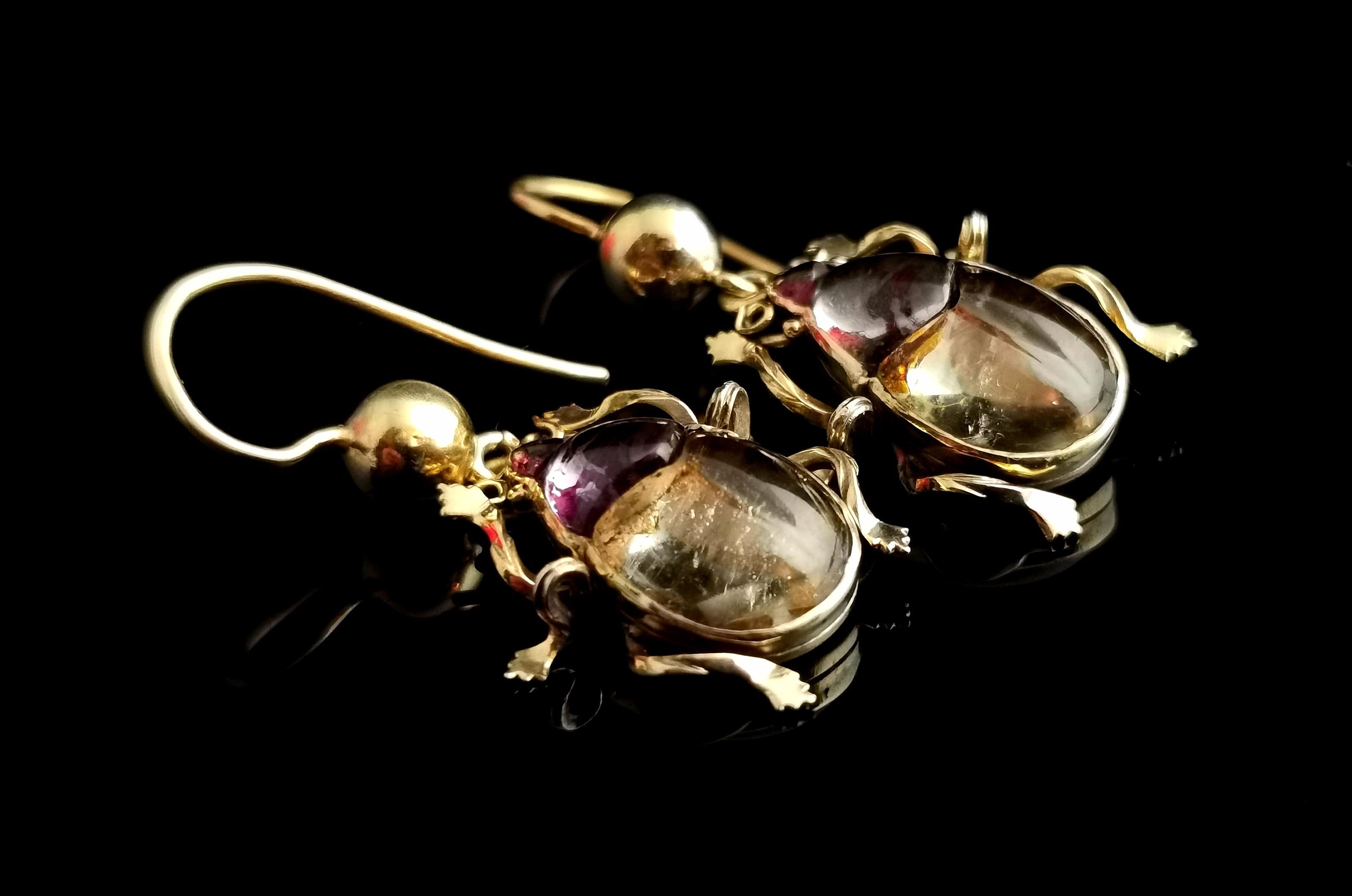 Women's or Men's Antique Victorian Beetle Earrings, 9k Gold, Egyptian Revival