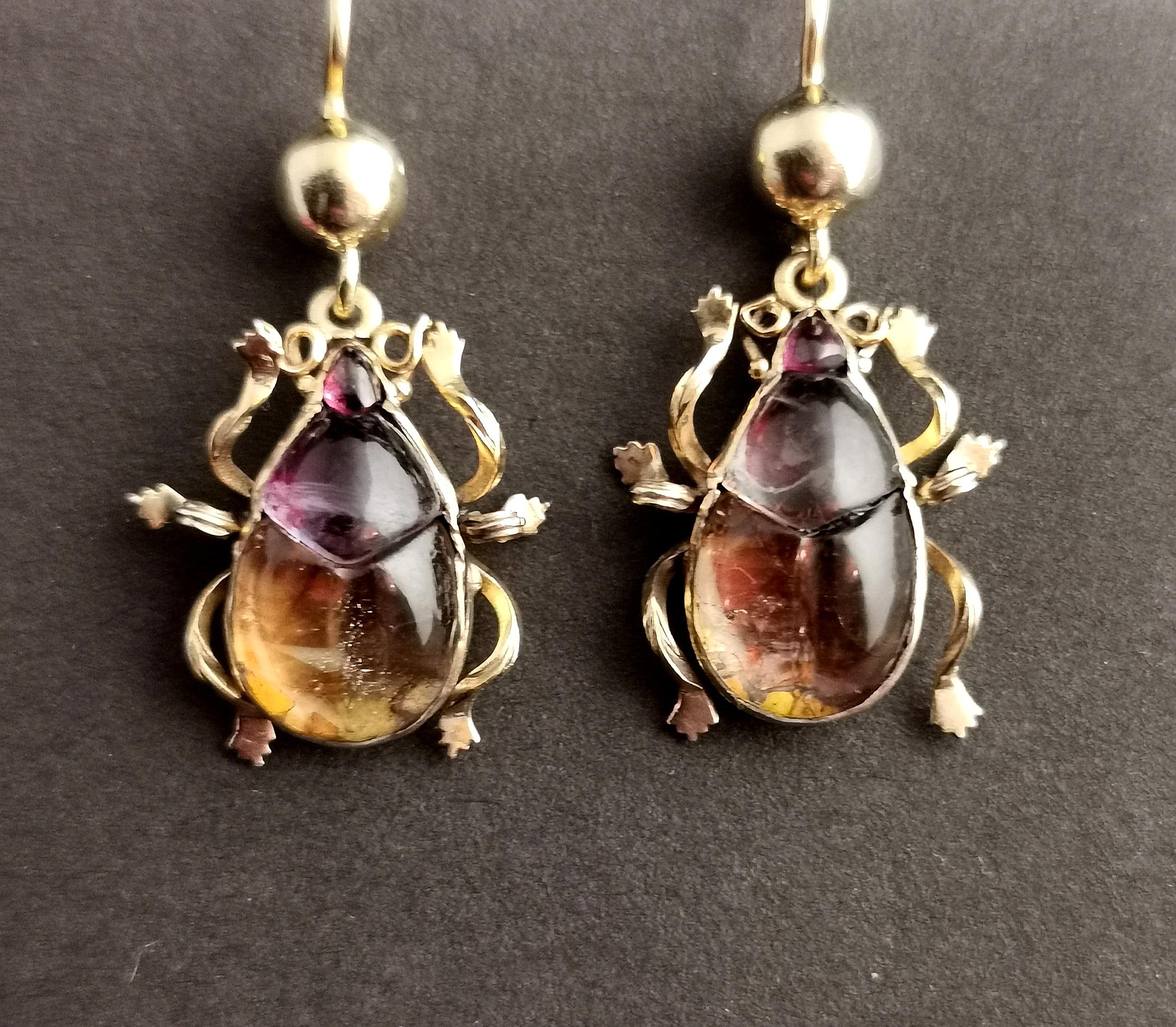 Antique Victorian Beetle Earrings, 9k Gold, Egyptian Revival 4