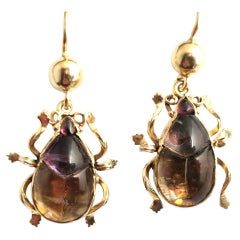 Antique Victorian Beetle Earrings, 9k Gold, Egyptian Revival