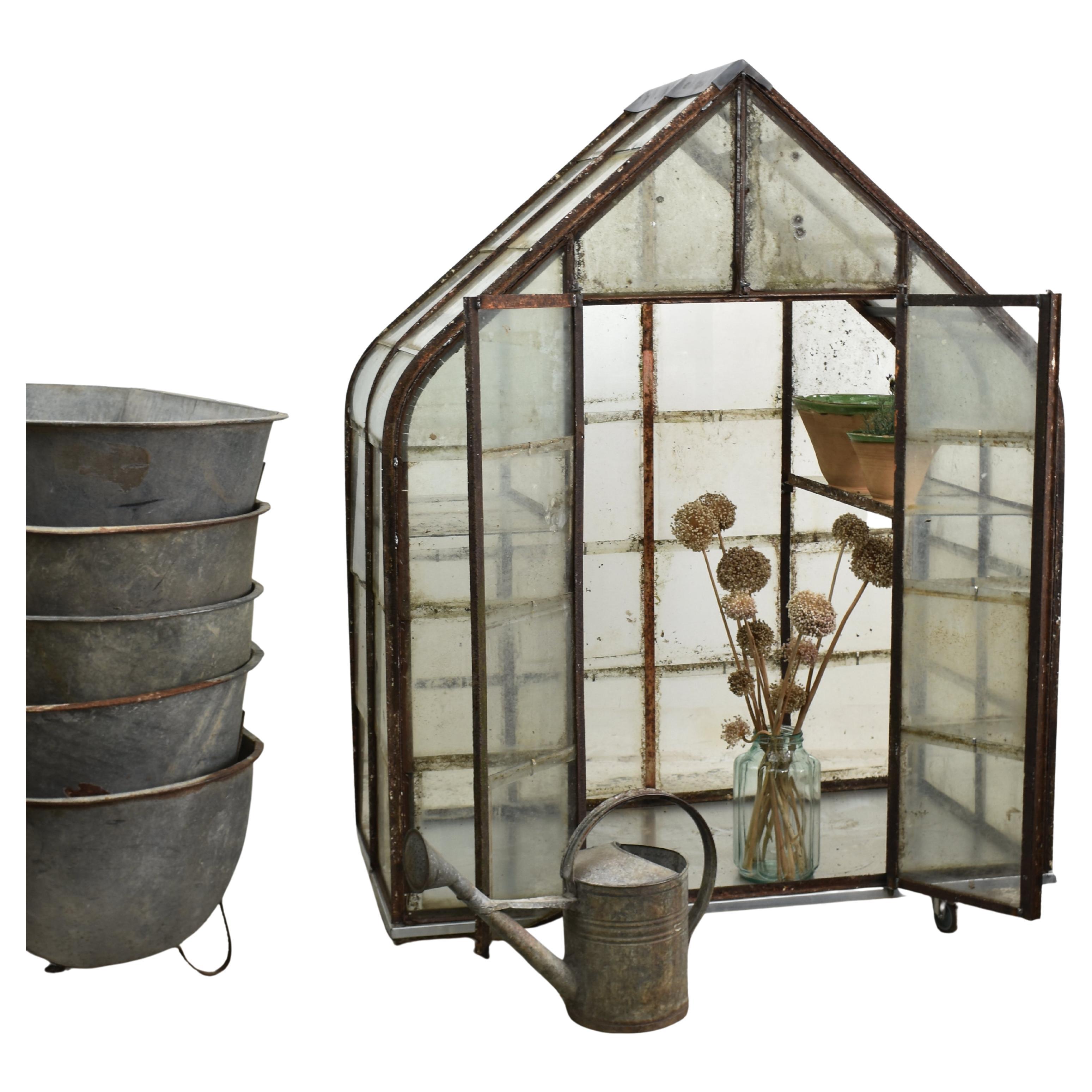A unique antique metal greenhouse. The greenhouse has been constructed from an original grape greenhouse from Belgium, these larger greenhouses were dismantled and smaller ones made from the components. The glazing and metal frame is original and