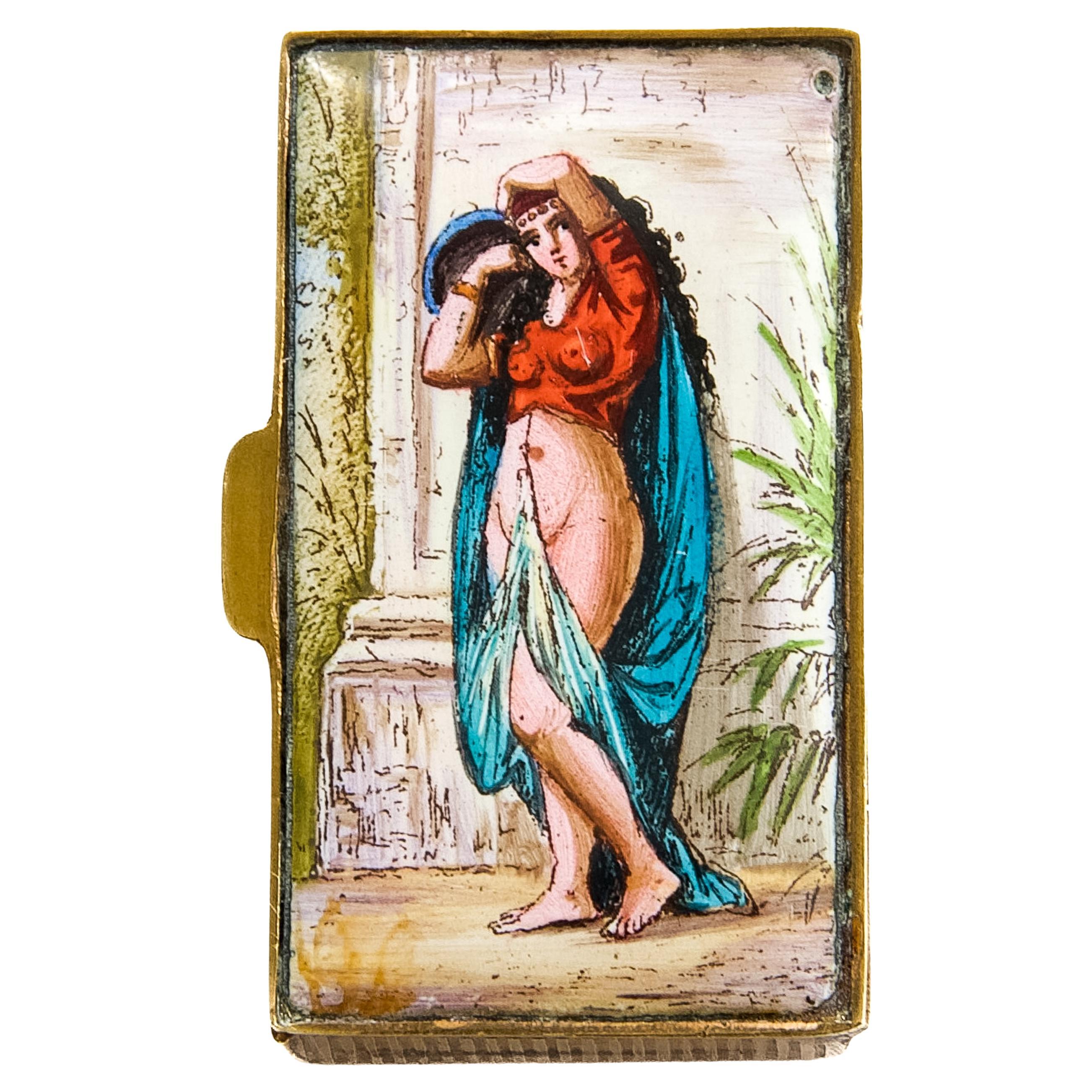 Ancienne boîte à vesta victorienne en émail avec scène érotique de danse du ventre, CIRCA 1880 en vente