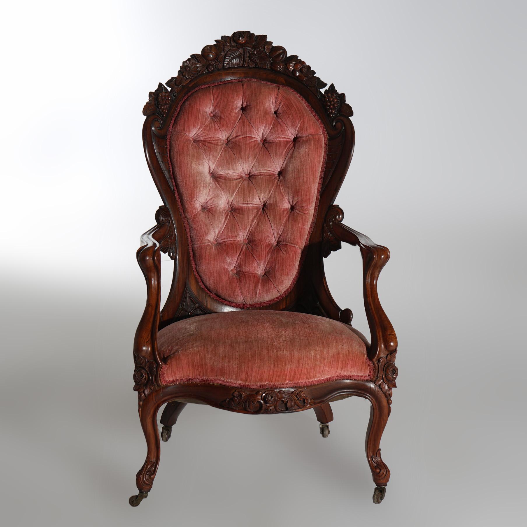 American Antique Victorian Belter Rococo Rosella Carved Rosewood Armchair with Grapes 