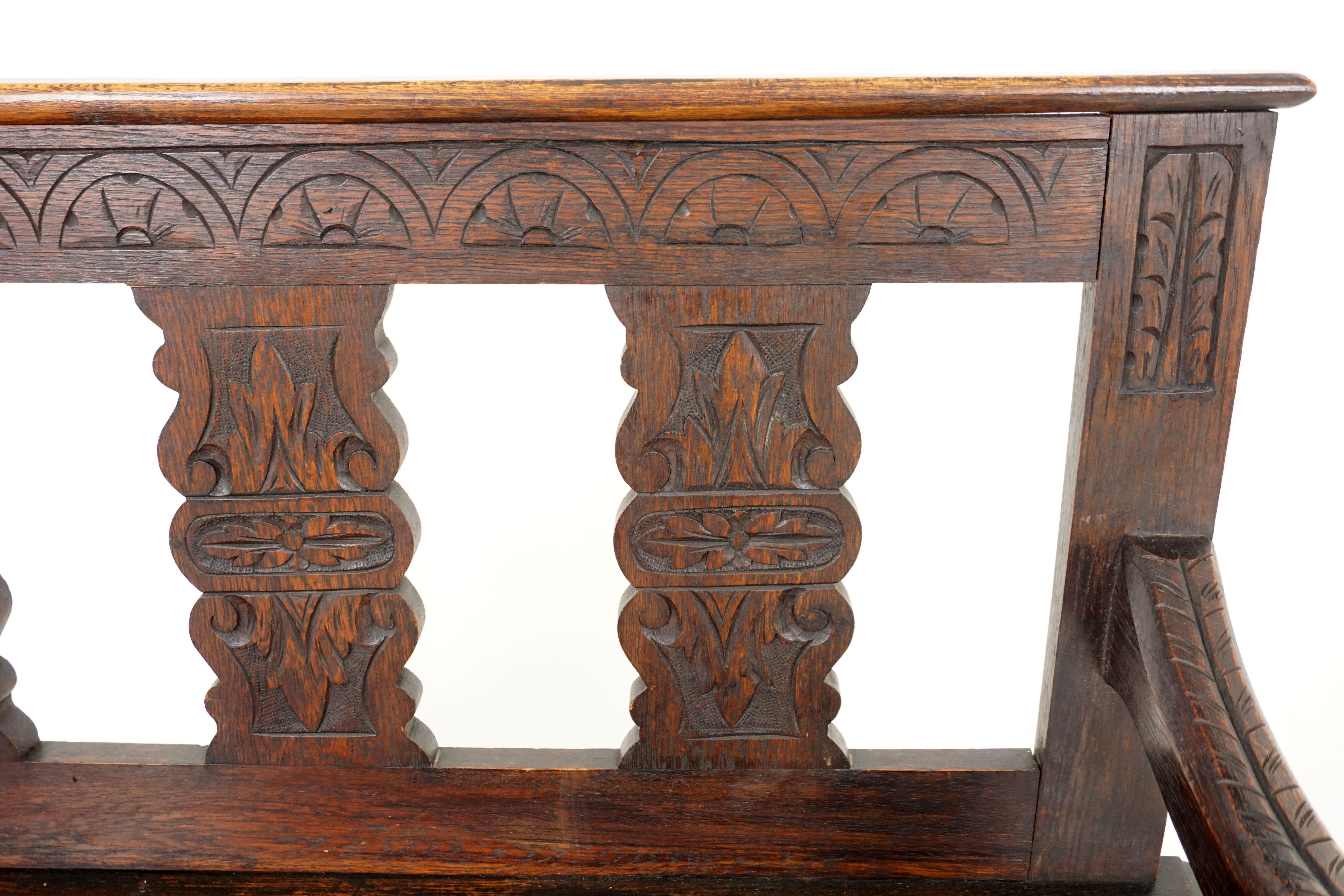 Antique Victorian bench, carved oak hall bench or hall seat, antique furniture, Scotland, 1880

Scotland, 1880
Solid oak construction
Original finish
Carved back rest with top rail
Three carved splats below
Single oak board seat with moulded