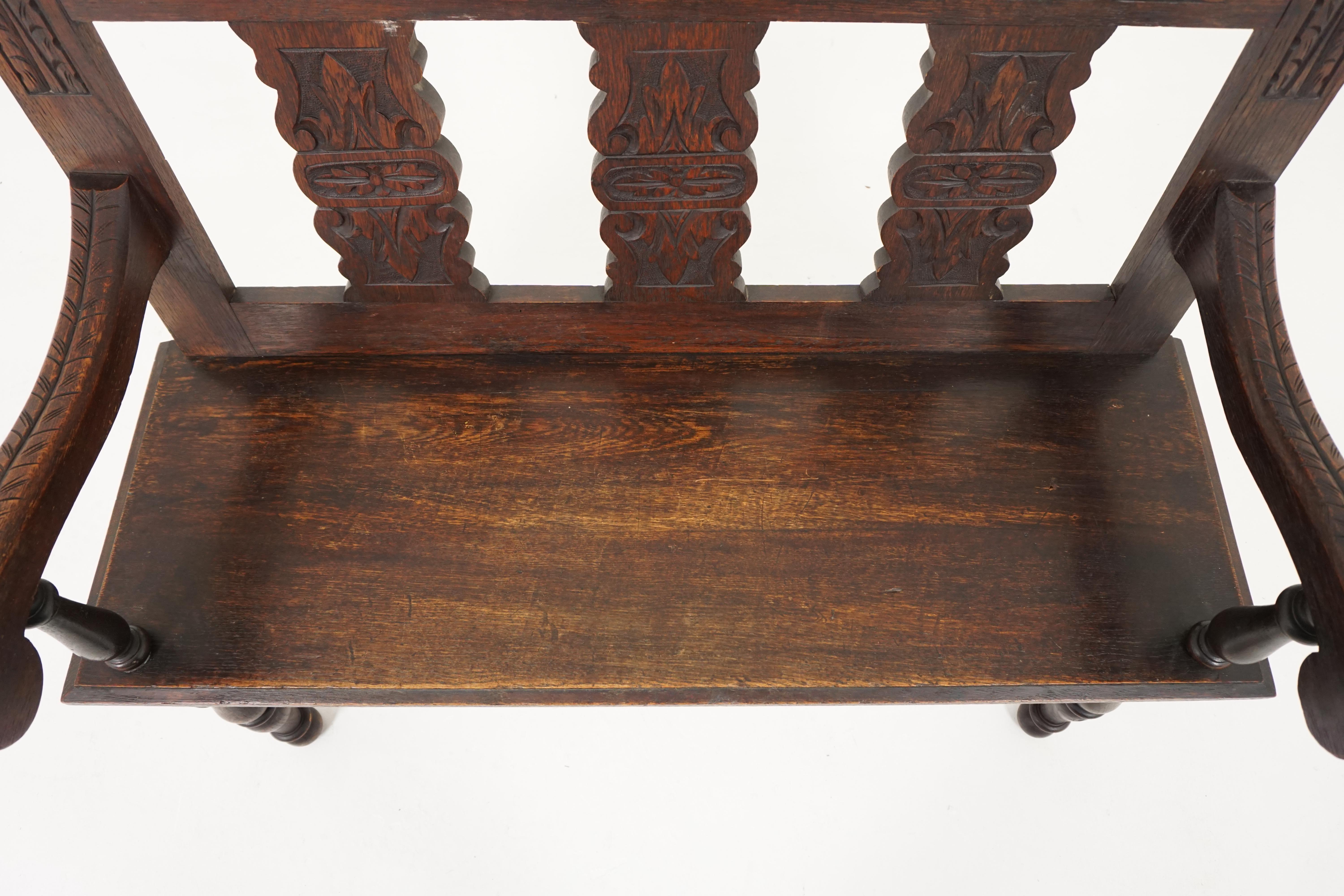 Antique Victorian Bench, Carved Oak Hall Bench or Seat, Scotland 1880, B1860 In Good Condition In Vancouver, BC