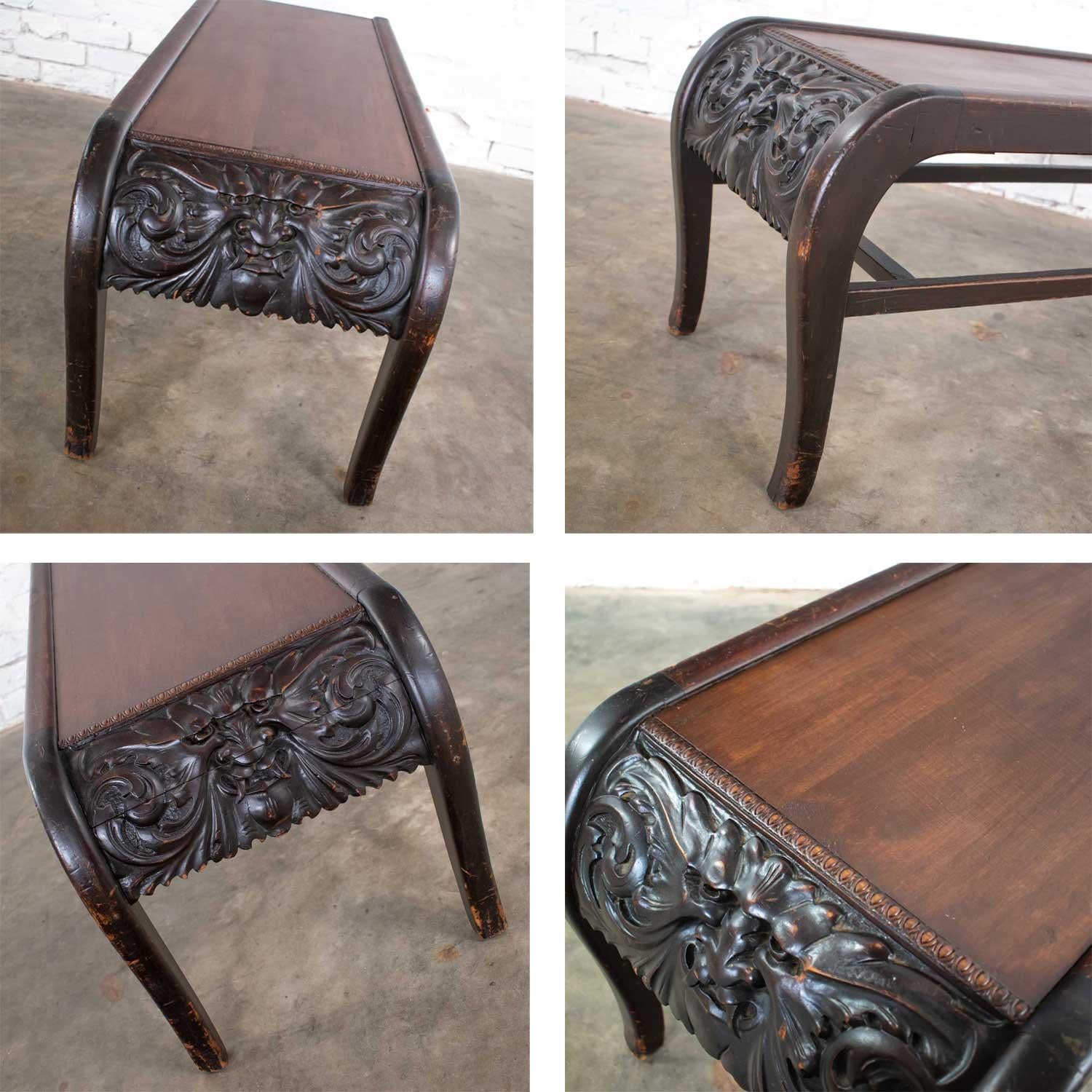 Antique Victorian Bench or Table North Wind Style Hand Carved Mythical Face 4