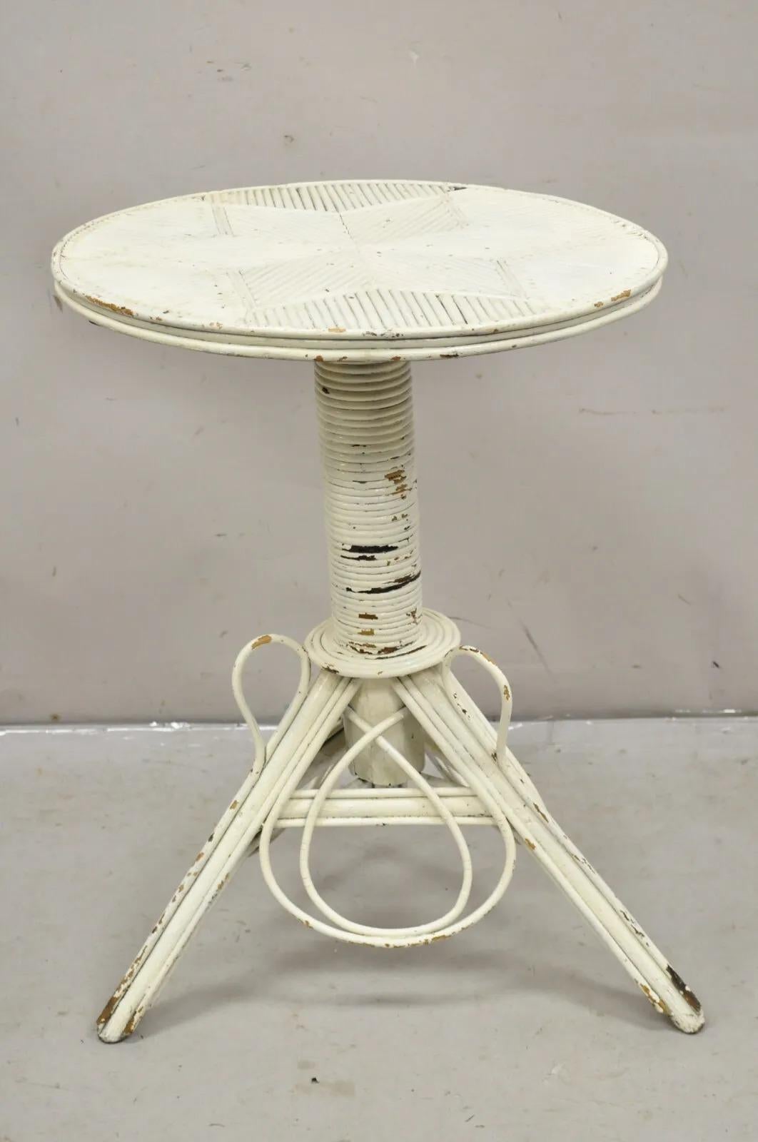 Antique Victorian Bentwood Wicker Rattan White Painted Accent Side Table. Circa 19th Century. Measurements: 29