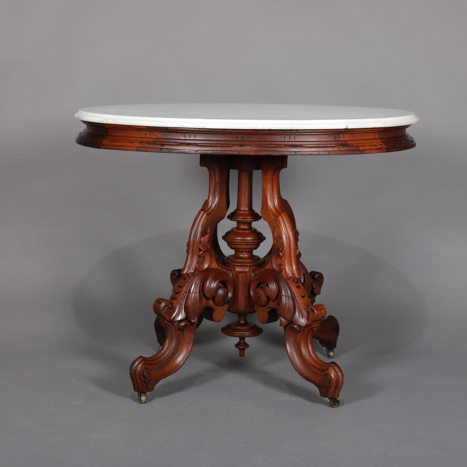 Beveled Antique Victorian Berkey & Gay Oval Marble & Carved Walnut Center Table