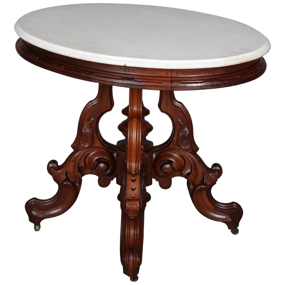 Antique Victorian Berkey & Gay Oval Marble & Carved Walnut Center Table