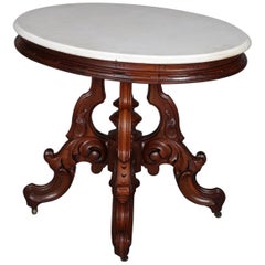 Antique Victorian Berkey & Gay Oval Marble & Carved Walnut Center Table