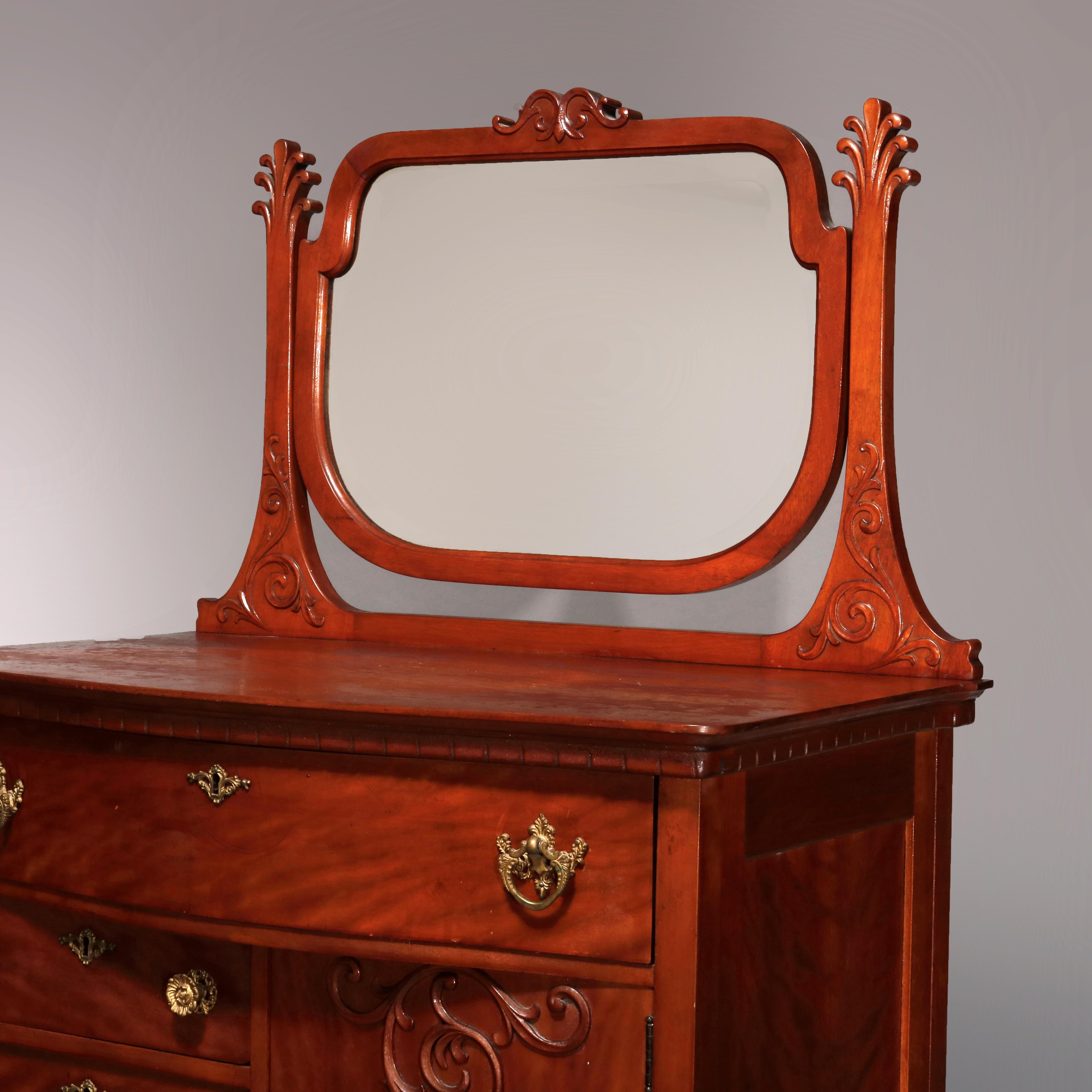 Carved Antique Victorian Birch Mirrored Chiffonier Bonnet Chest of Drawers, circa 1900
