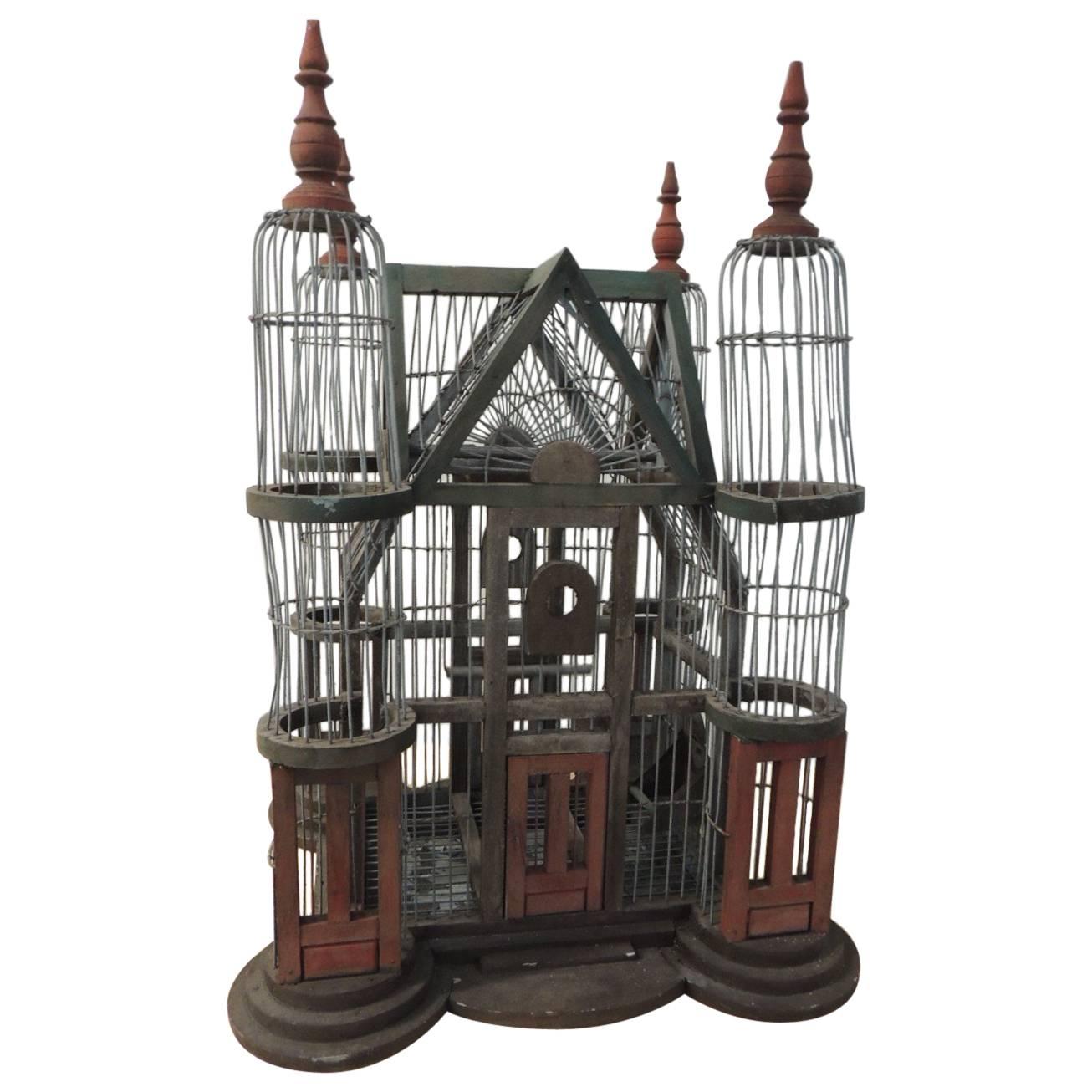 Antique Victorian Birdcage Painted Red and Green