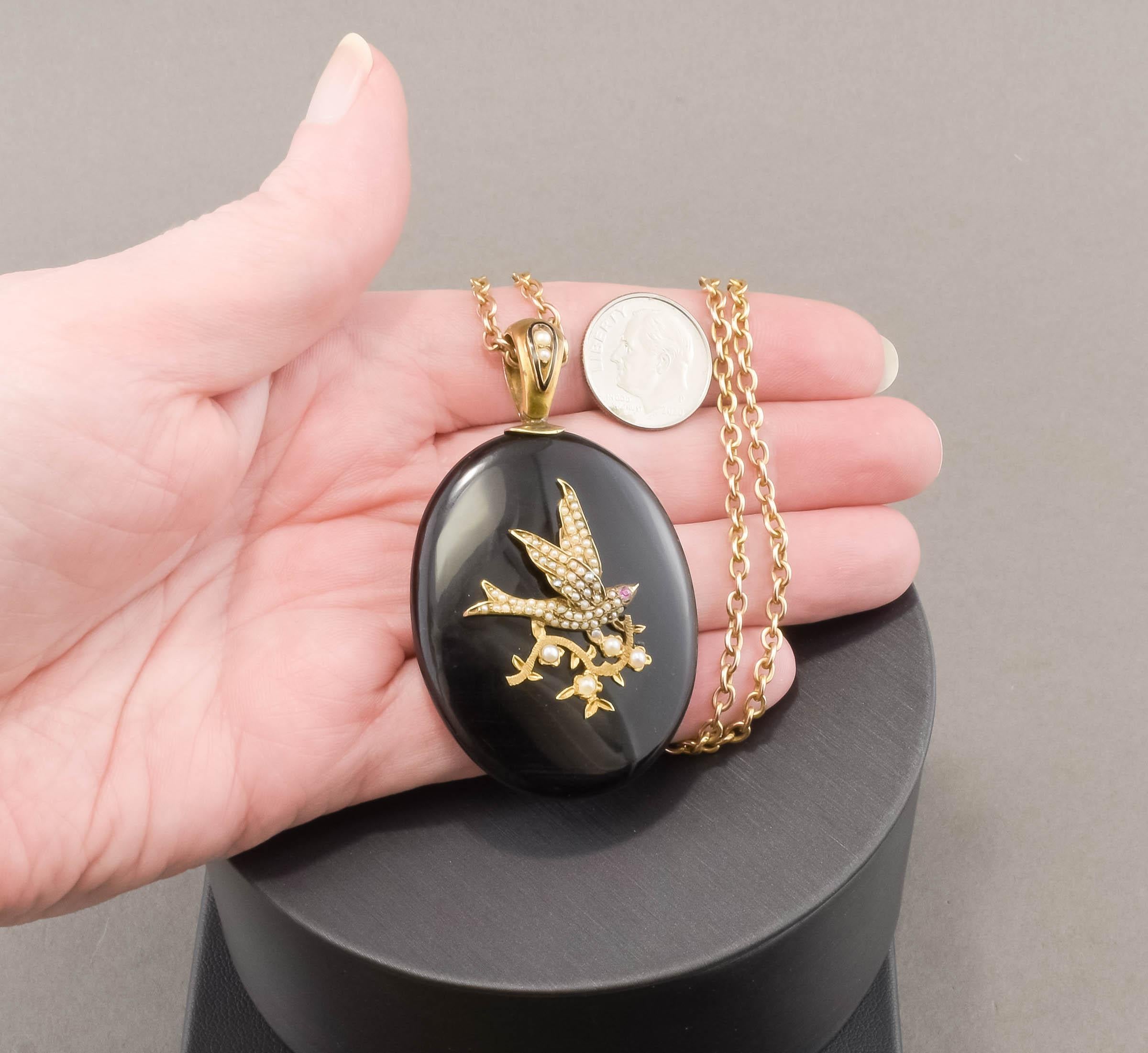 Antique Victorian Bird Swallow Locket with Pearls & Ruby in Onyx & Antique Chain For Sale 6