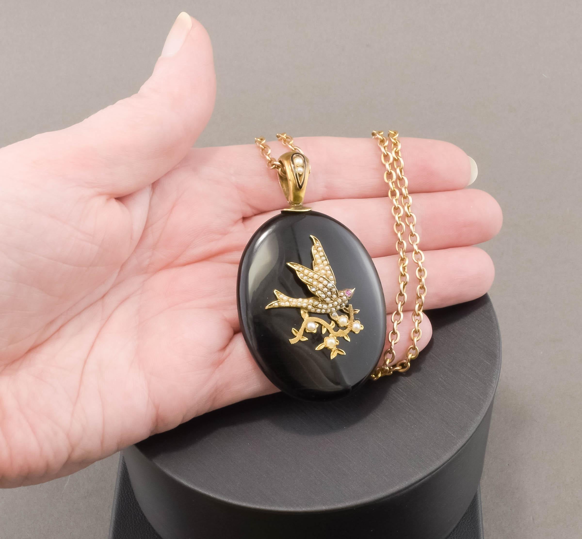 Antique Victorian Bird Swallow Locket with Pearls & Ruby in Onyx & Antique Chain For Sale 1