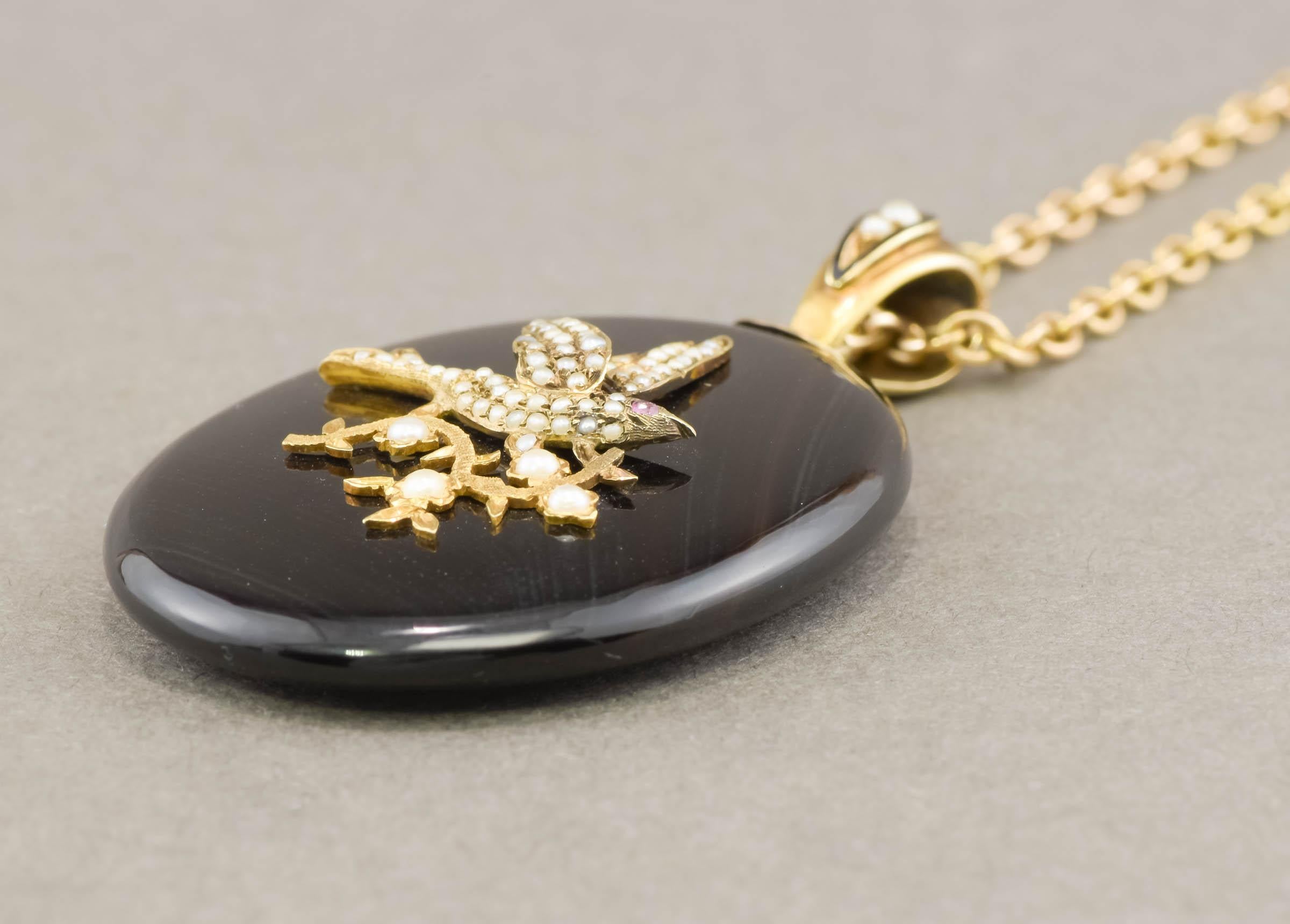 Antique Victorian Bird Swallow Locket with Pearls & Ruby in Onyx & Antique Chain For Sale 3