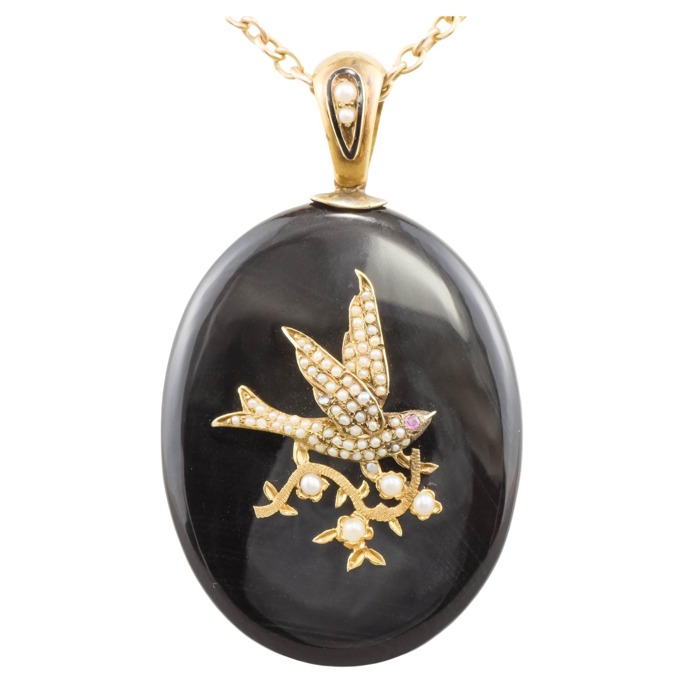 Antique Victorian Bird Swallow Locket with Pearls & Ruby in Onyx & Antique Chain For Sale