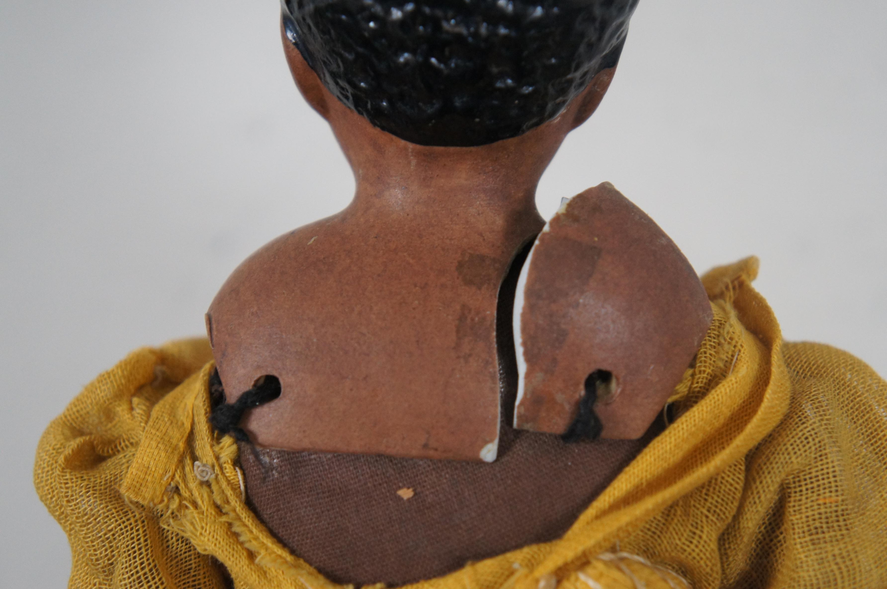 Ceramic Antique Victorian Bisque Doll Black African American Cloth Body