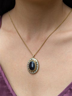 Antique Victorian Black Agate 14k Gold Enamel Oval Pendant Etruscan Revival