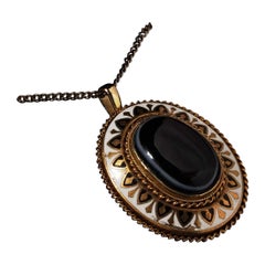 Antique Victorian Black Agate 14k Gold Enamel Oval Pendant Etruscan Revival