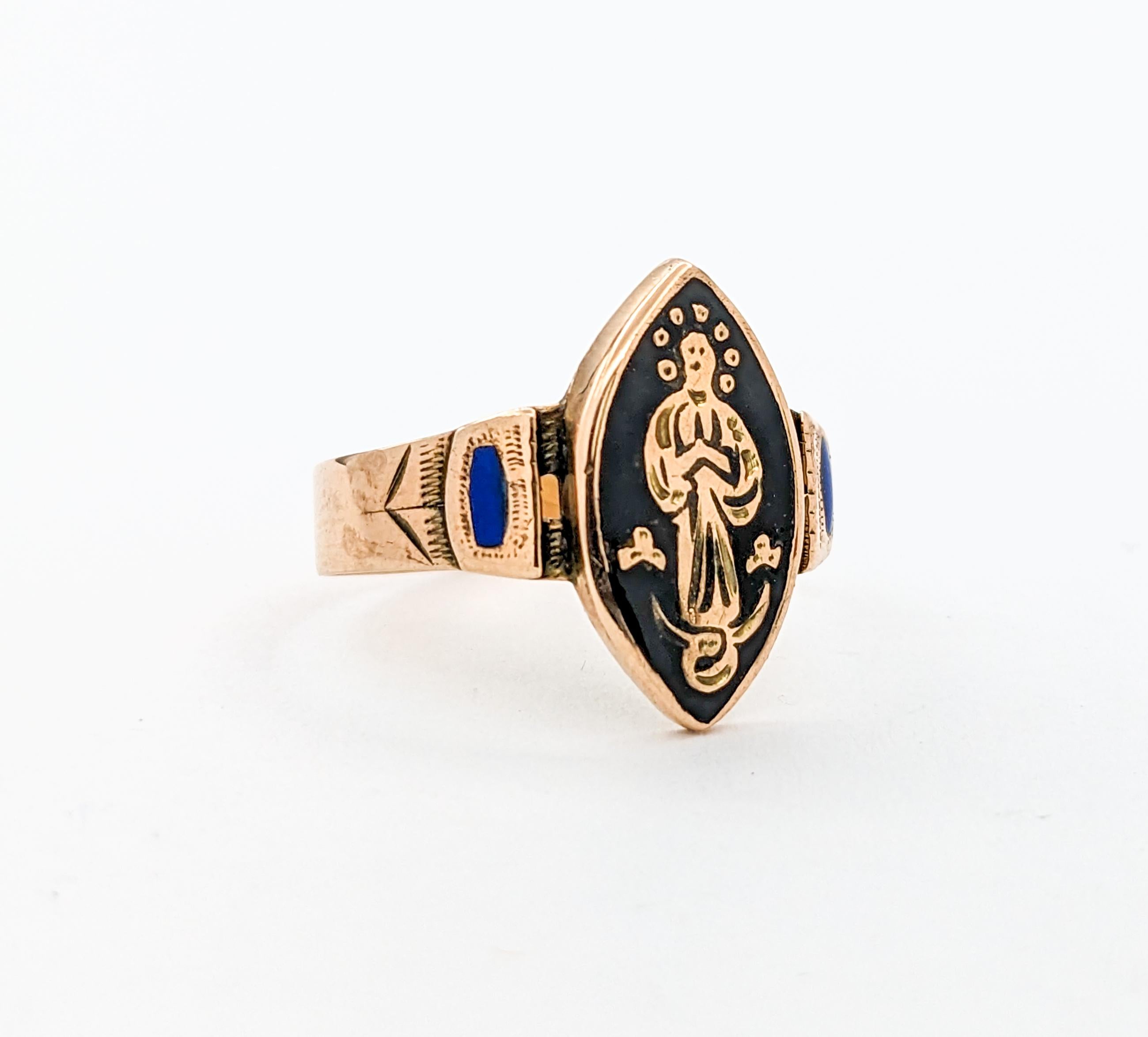 Antique Victorian Black Enamel Religious Saint Ring In Yellow Gold In Excellent Condition For Sale In Bloomington, MN