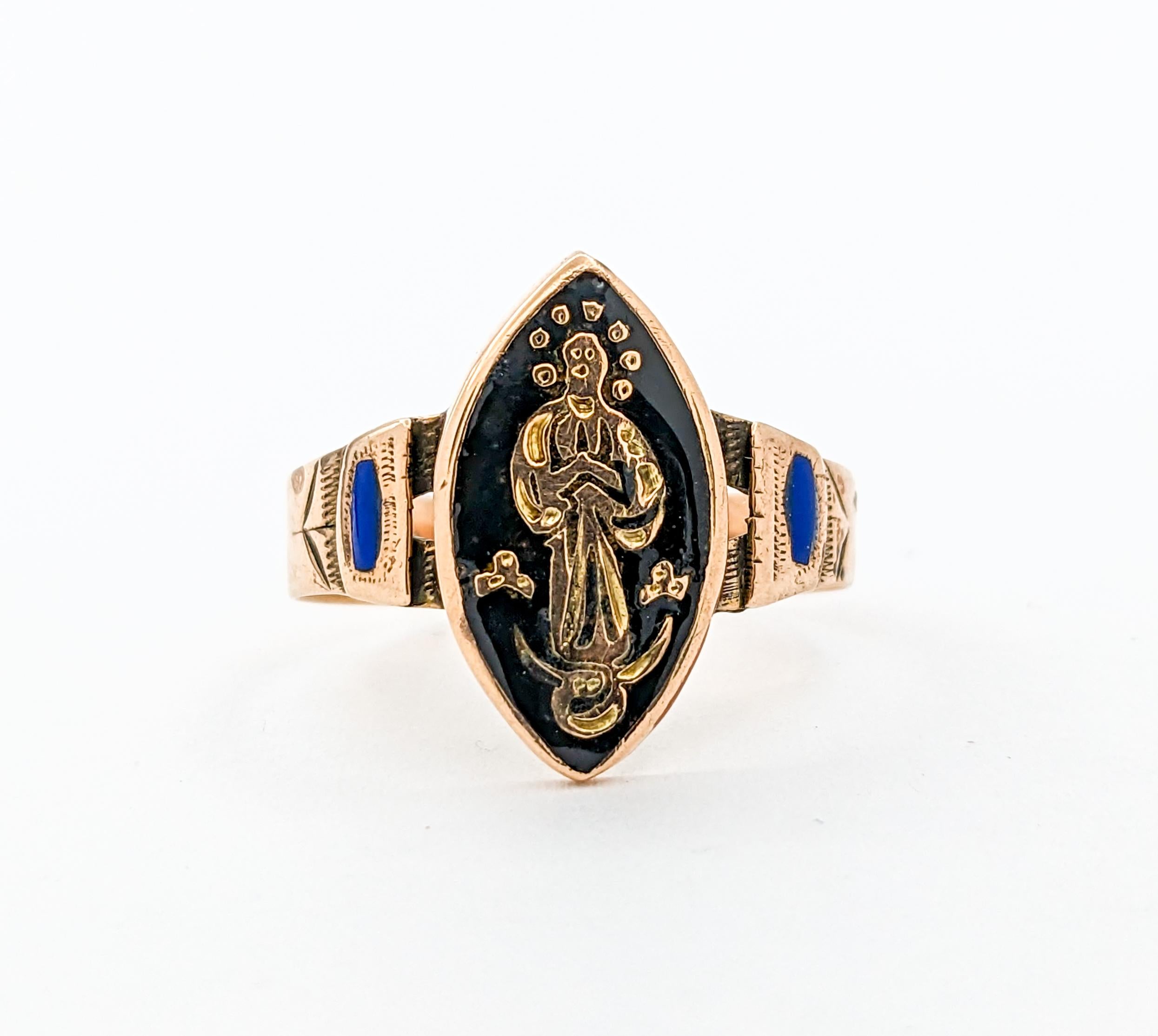 Women's Antique Victorian Black Enamel Religious Saint Ring In Yellow Gold For Sale