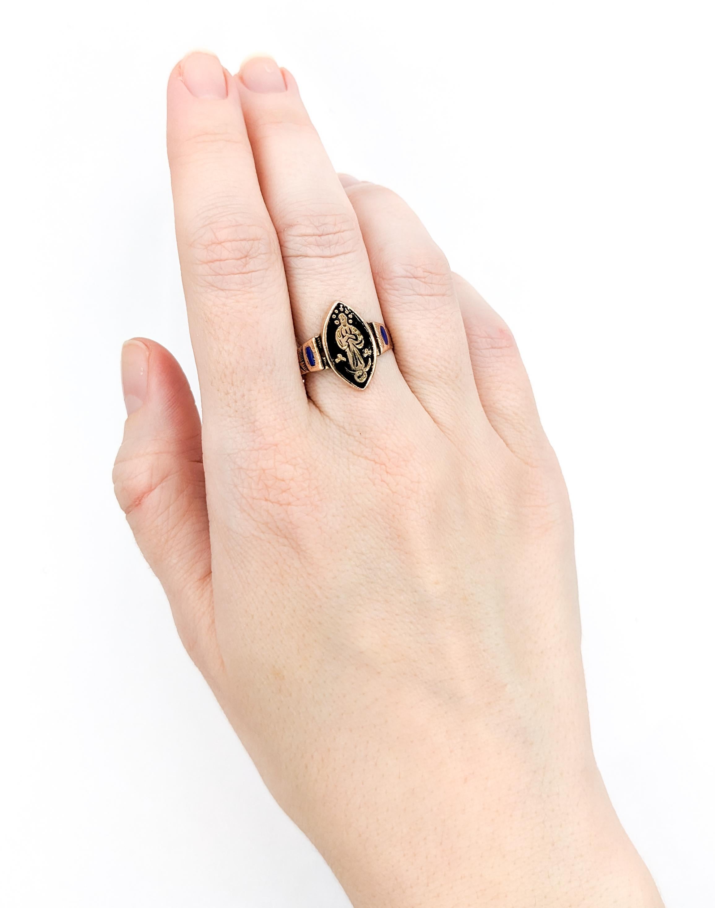 Antique Victorian Black Enamel Religious Saint Ring In Yellow Gold For Sale 3