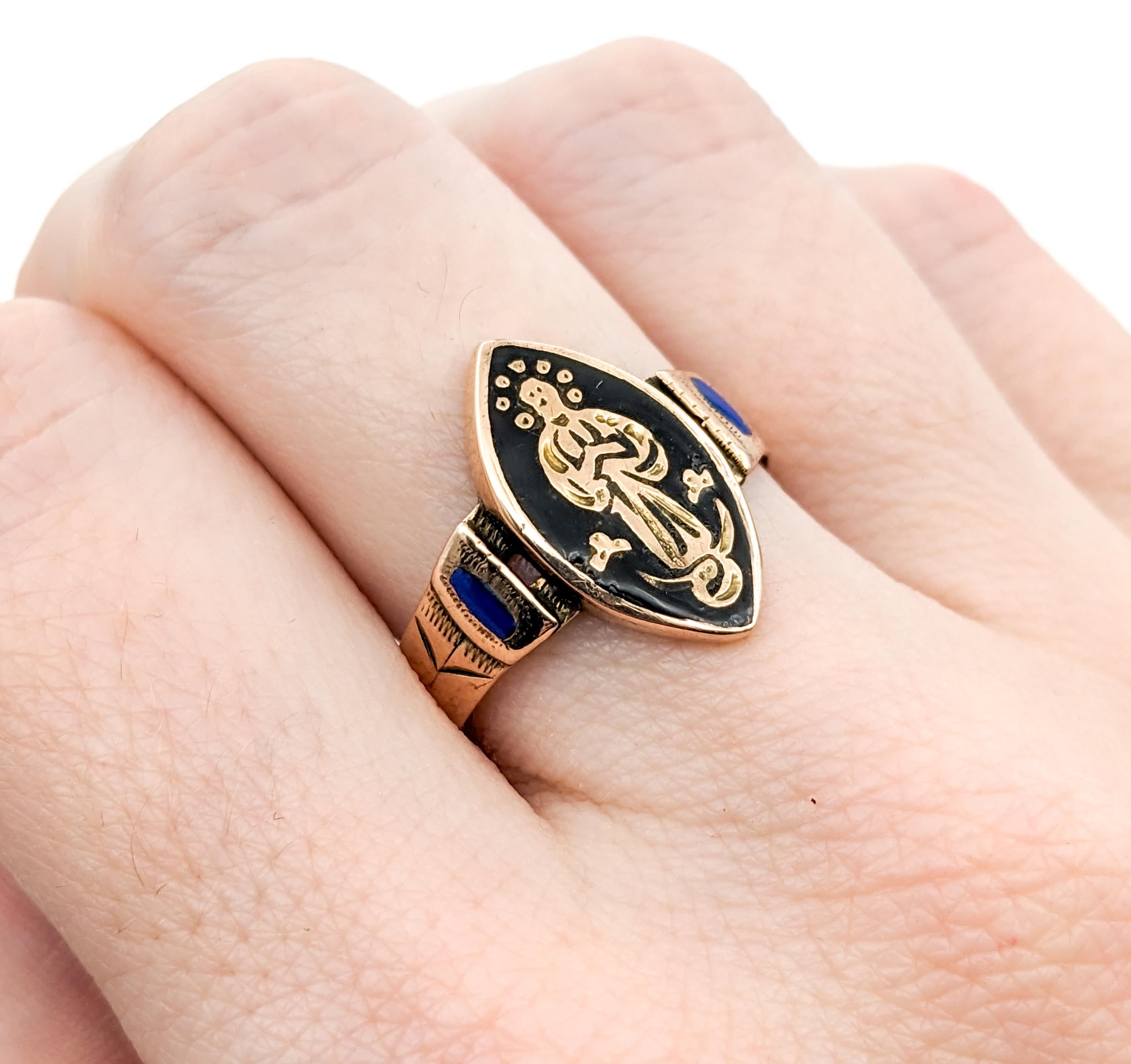 Antique Victorian Black Enamel Religious Saint Ring In Yellow Gold For Sale 5