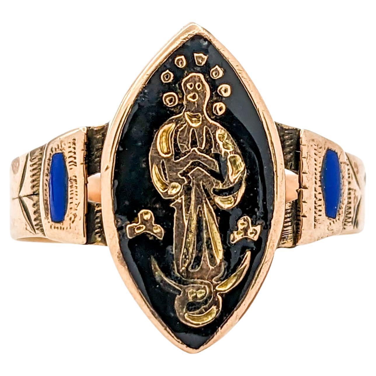 Antique Victorian Black Enamel Religious Saint Ring In Yellow Gold For Sale