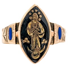 Antique Victorian Black Enamel Religious Saint Ring In Yellow Gold