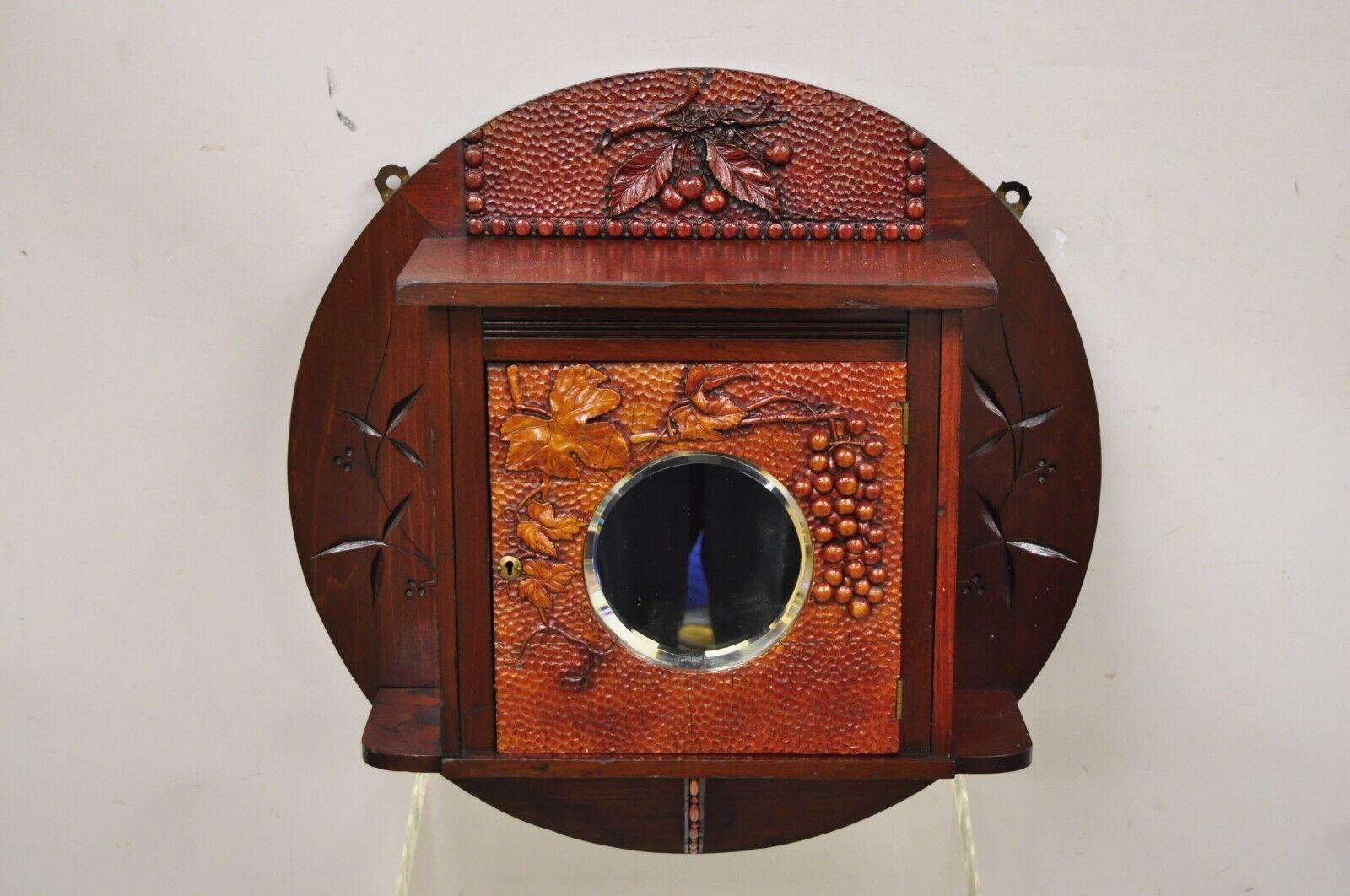 Antique Victorian Black Forest Carved Round Wall Mirror Curio Cabinet For Sale 7